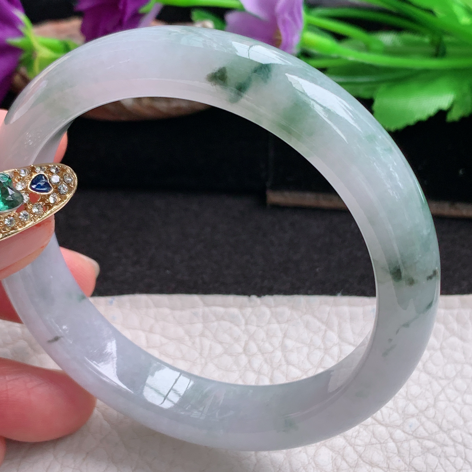 xx飘逸款57.5*12.8*8平安镯 天然缅甸翡翠a货手镯冰飘花正圈玉镯子