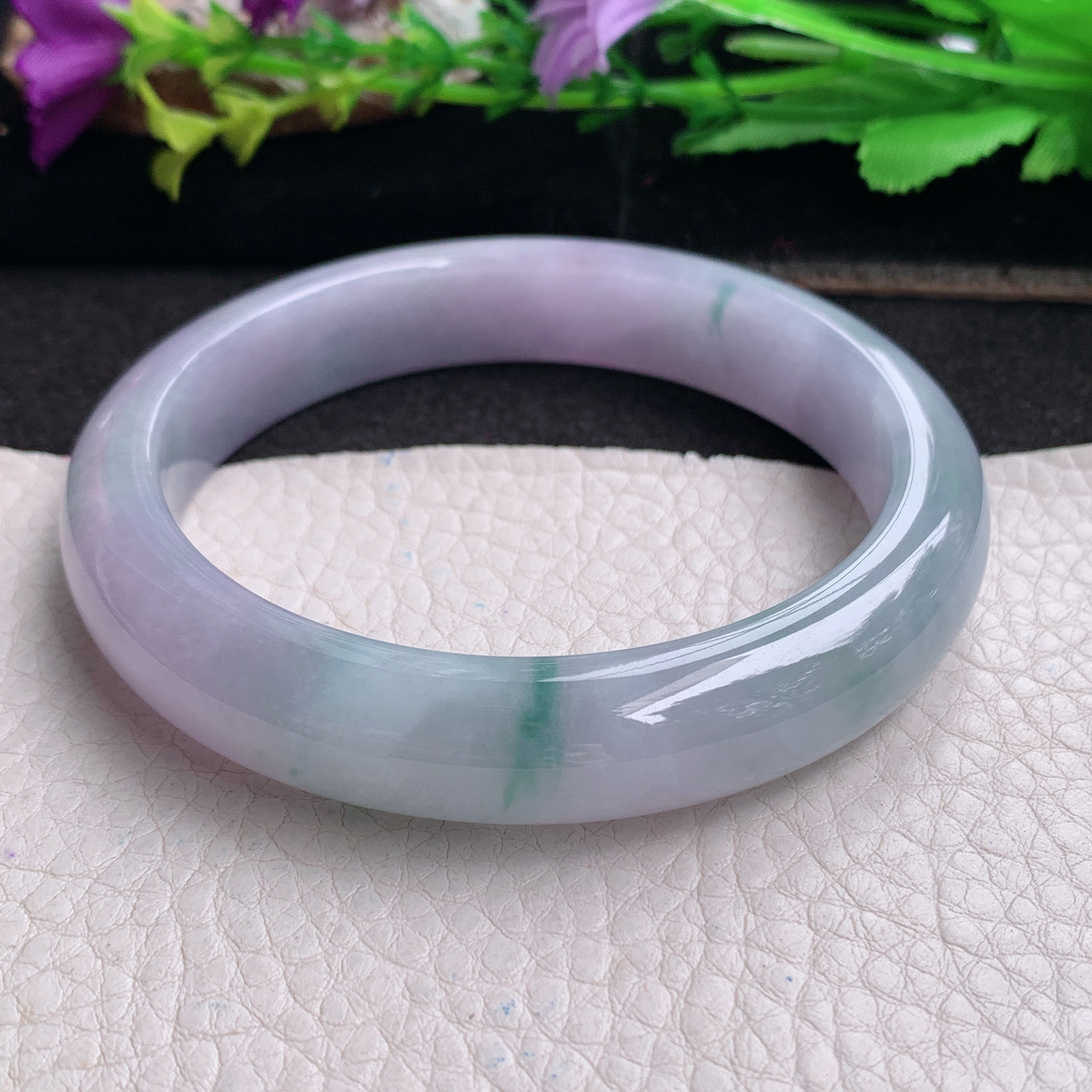 ll大圈口62.3*13*8.6平安镯 天然翡翠a货手镯胶感蓝韵飘花正圈玉镯子