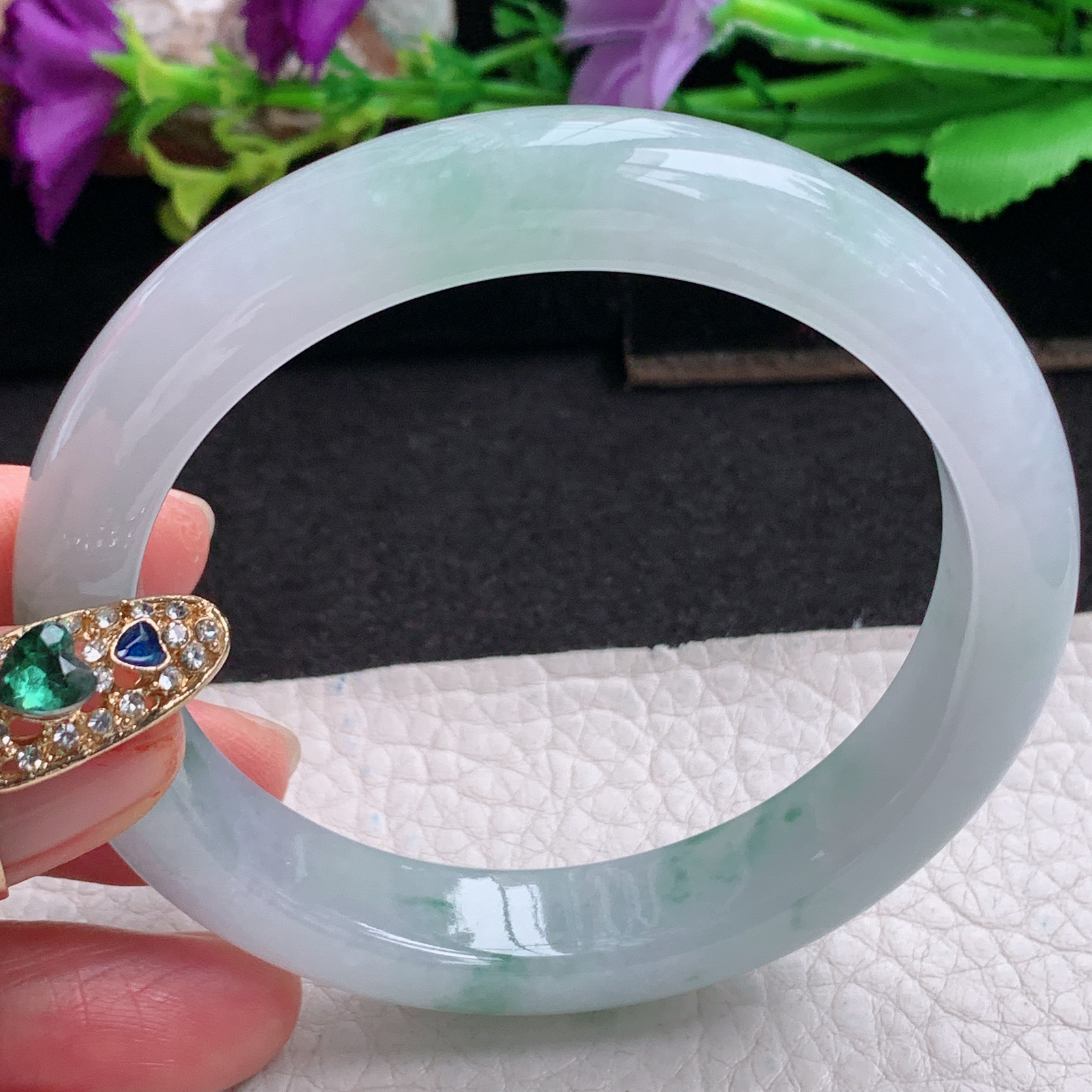 ll实拍57*11.8*8.2平安镯 天然缅甸翡翠a货手镯冰飘花正圈玉镯子