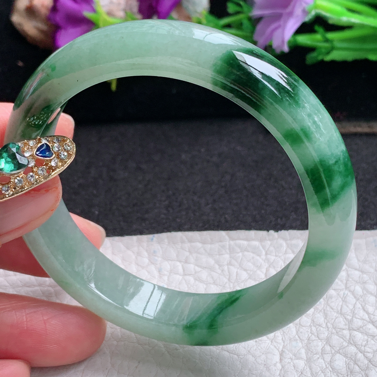 ll实拍53.5*11.8*7.8平安镯 天然缅甸翡翠a货手镯胶感飘花正圈玉镯子