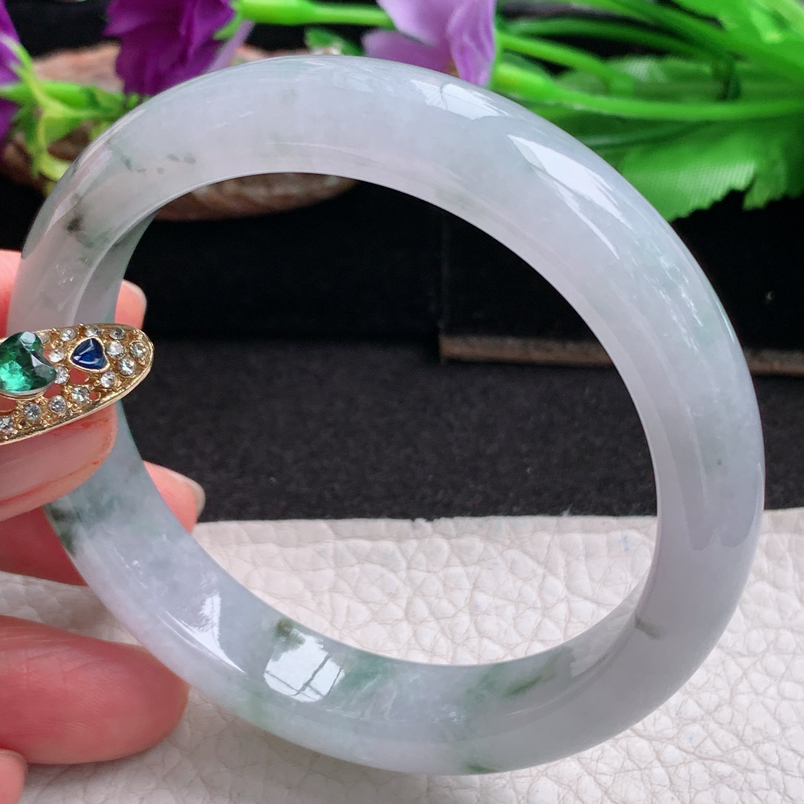 xx飘逸款57.5*12.8*8平安镯 天然缅甸翡翠a货手镯冰飘花正圈玉镯子