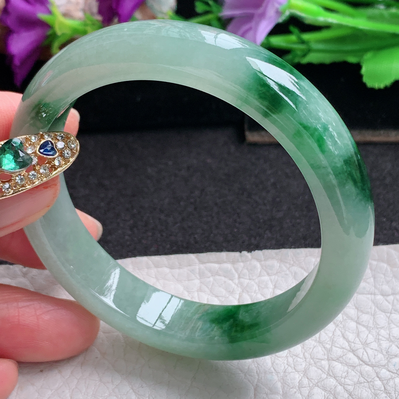 ll实拍53.5*11.8*7.8平安镯 天然缅甸翡翠a货手镯胶感飘花正圈玉镯子