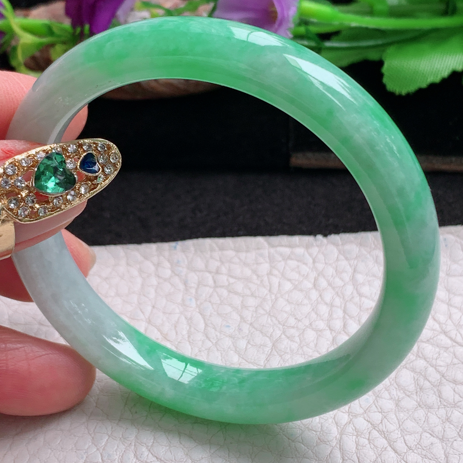 js招财款54*10*7.8平安镯 天然缅甸翡翠a货手镯半山水正圈玉镯子