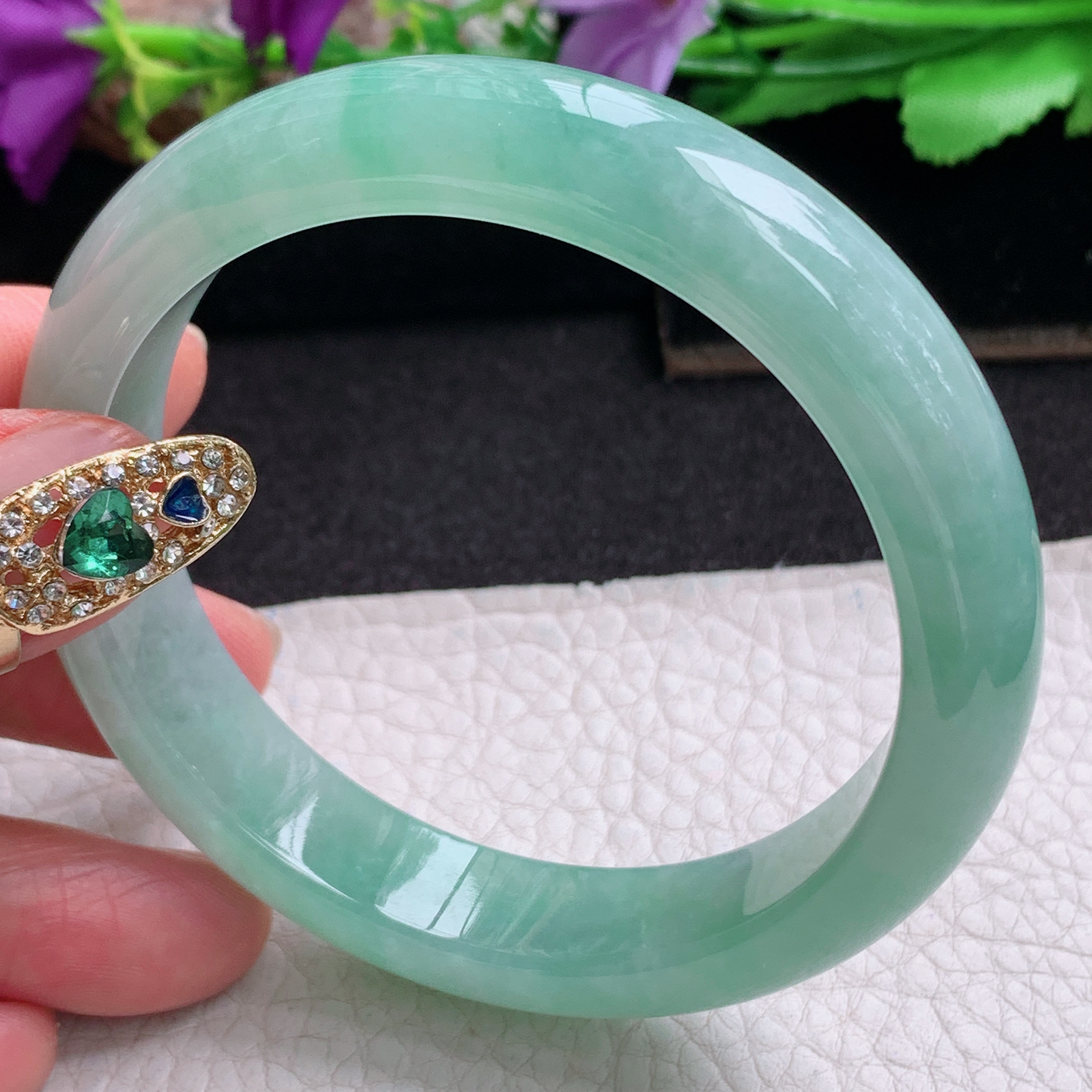 ee清新款57.5*12.7*8平安镯 天然缅甸翡翠a货手镯冰绿正圈玉镯子
