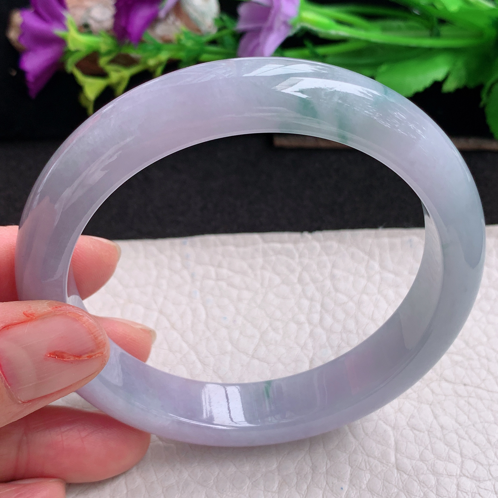 ll大圈口62.3*13*8.6平安镯 天然翡翠a货手镯胶感蓝韵飘花正圈玉镯子