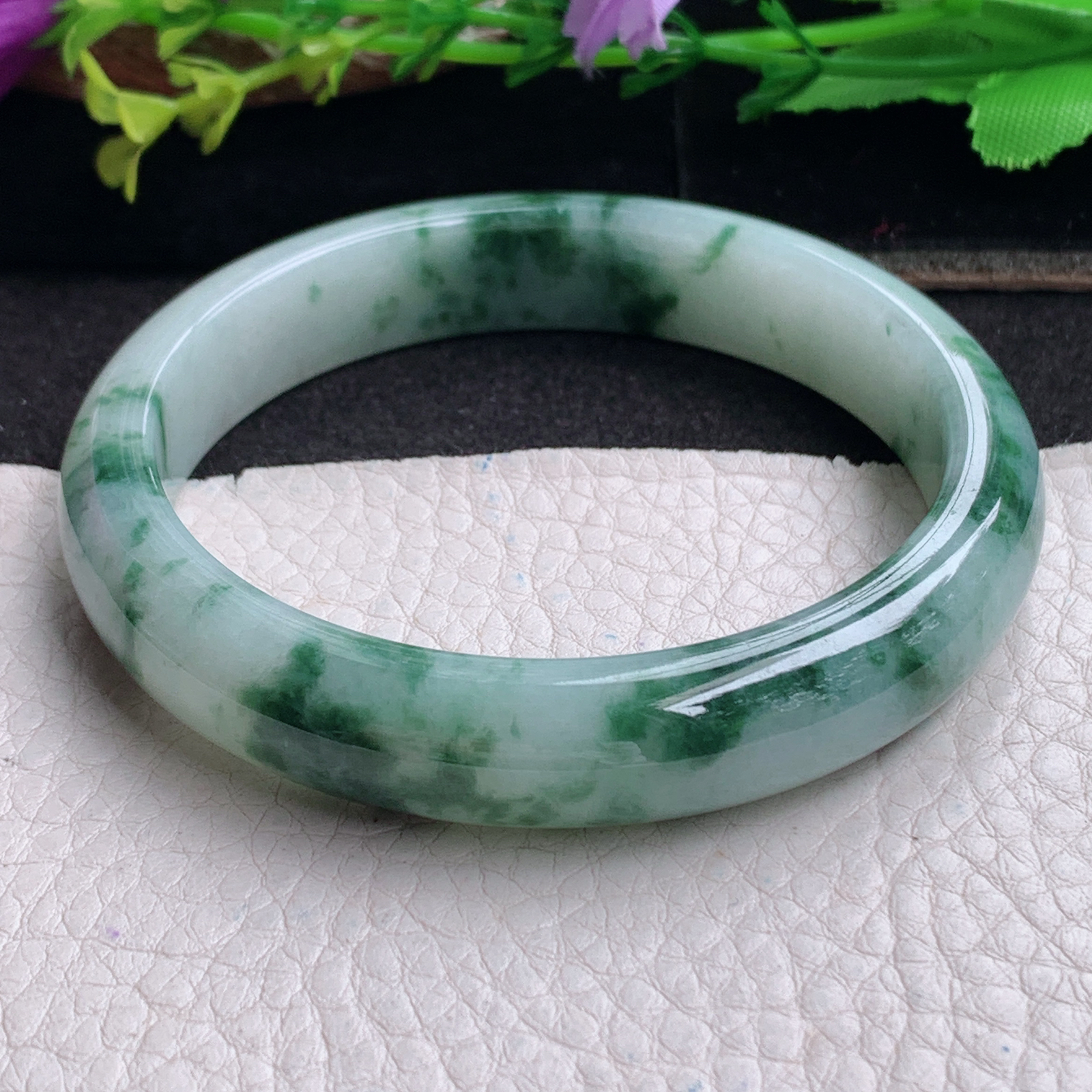 ll实拍59*12*7.5平安镯 天然翡翠a货手镯胶感飘花正圈玉镯子