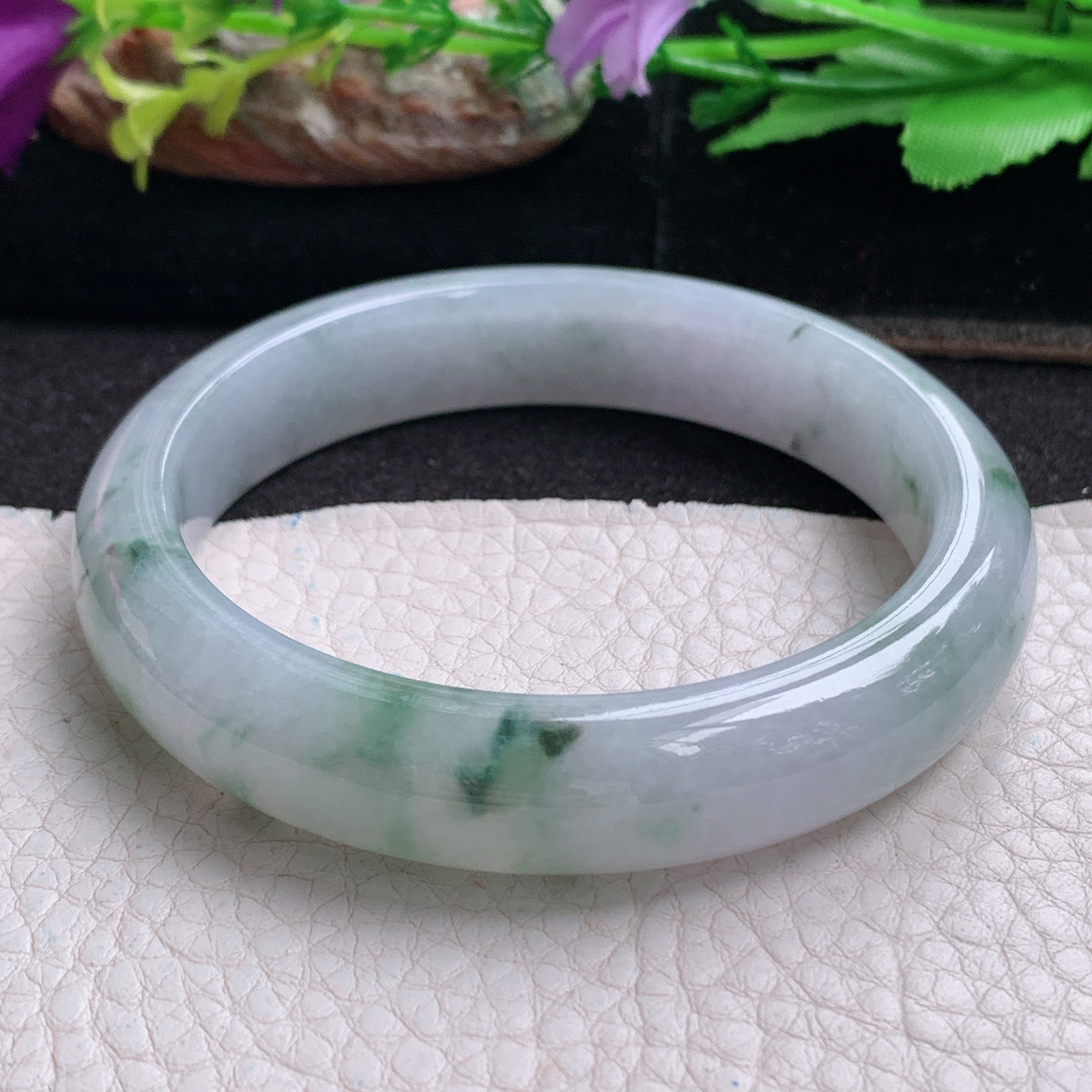 xx飘逸款57.5*12.8*8平安镯 天然缅甸翡翠a货手镯冰飘花正圈玉镯子