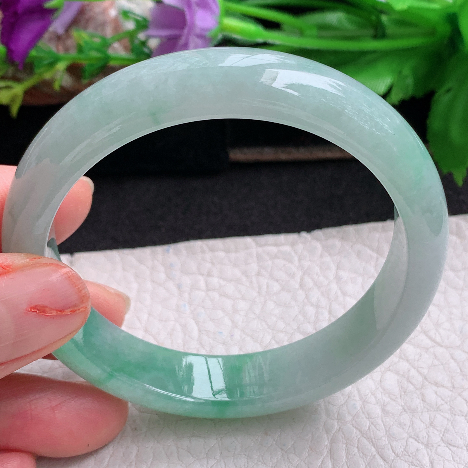 js实拍55*12.3*7.5 平安镯 天然翡翠a货手镯胶感辣鸡飘绿正圈玉镯子