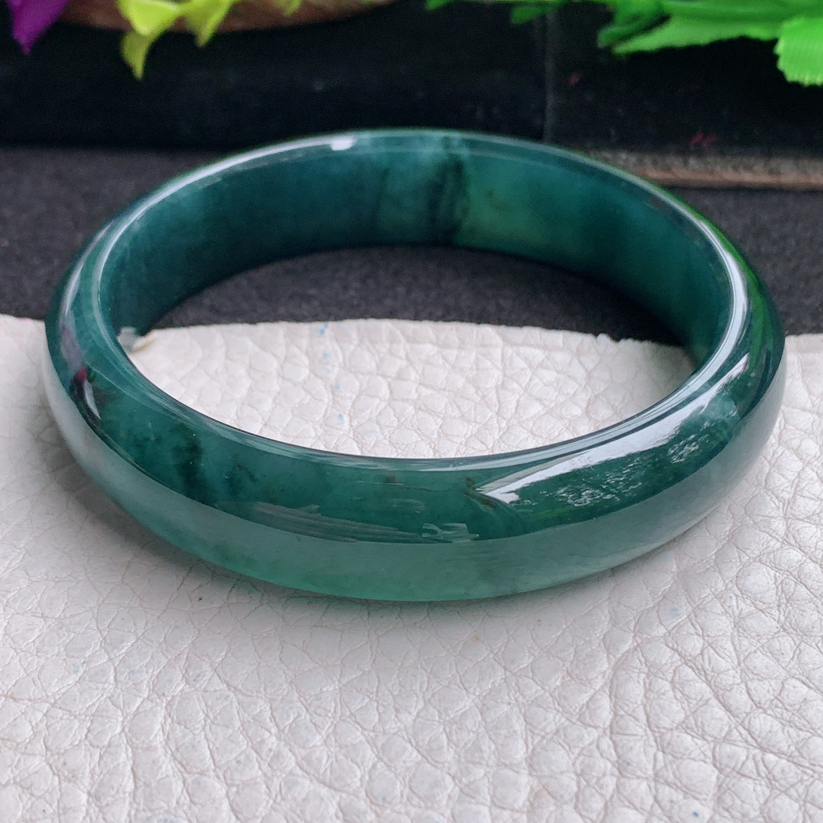 ll实拍57*13*6.8平安镯 天然翡翠a货手镯胶感蓝韵正圈玉镯子