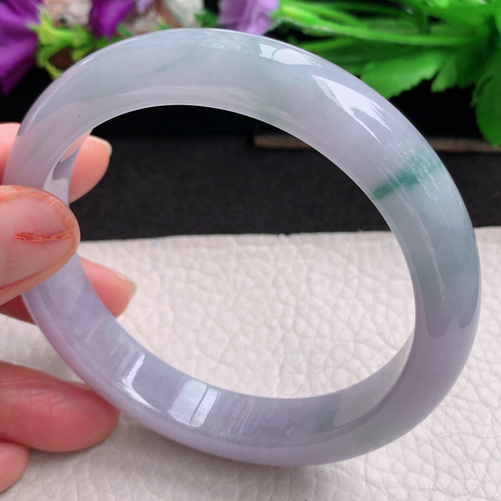 ll大圈口62.3*13*8.6平安镯 天然翡翠a货手镯胶感蓝韵飘花正圈玉镯子