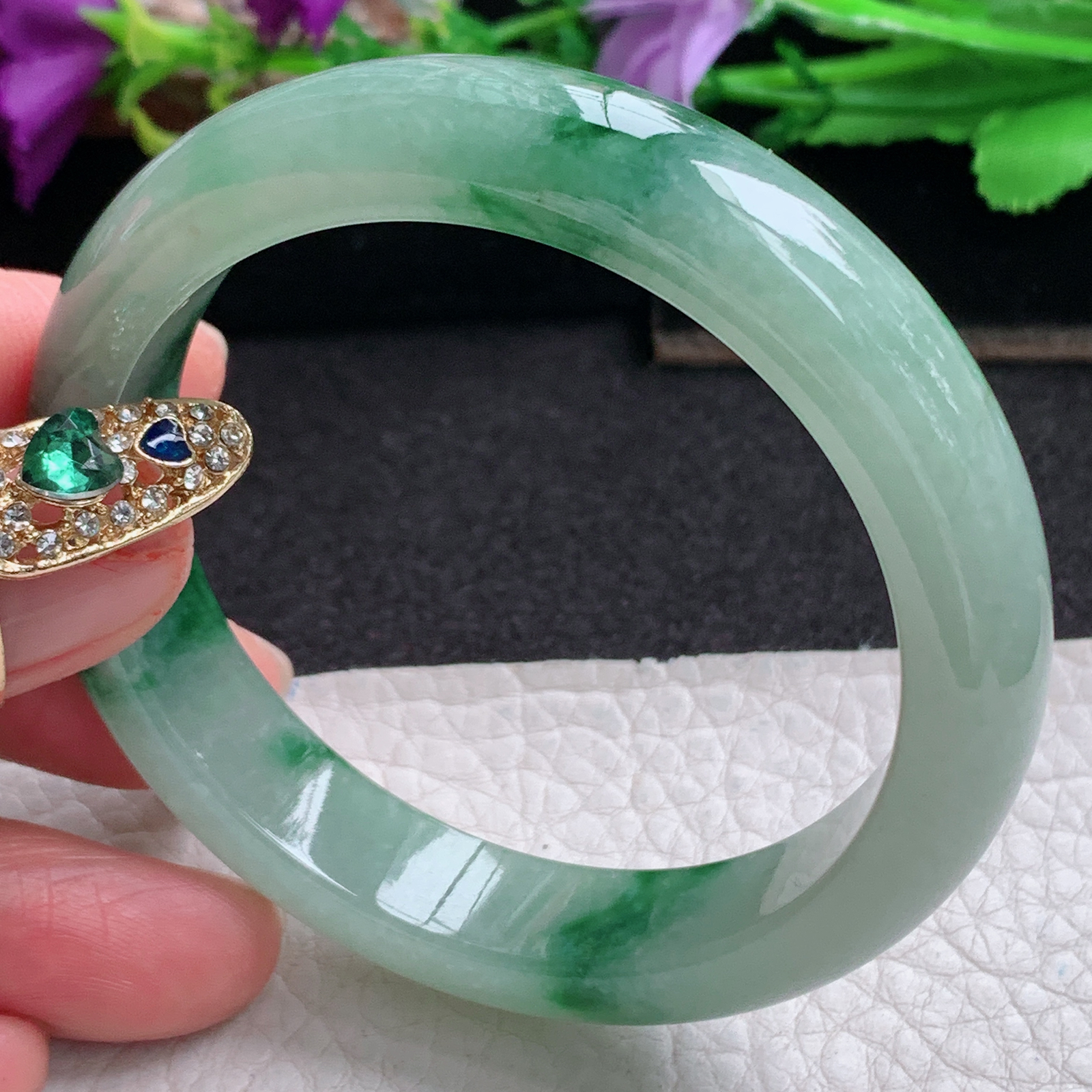 ll实拍53.5*11.8*7.8平安镯 天然缅甸翡翠a货手镯胶感飘花正圈玉镯子