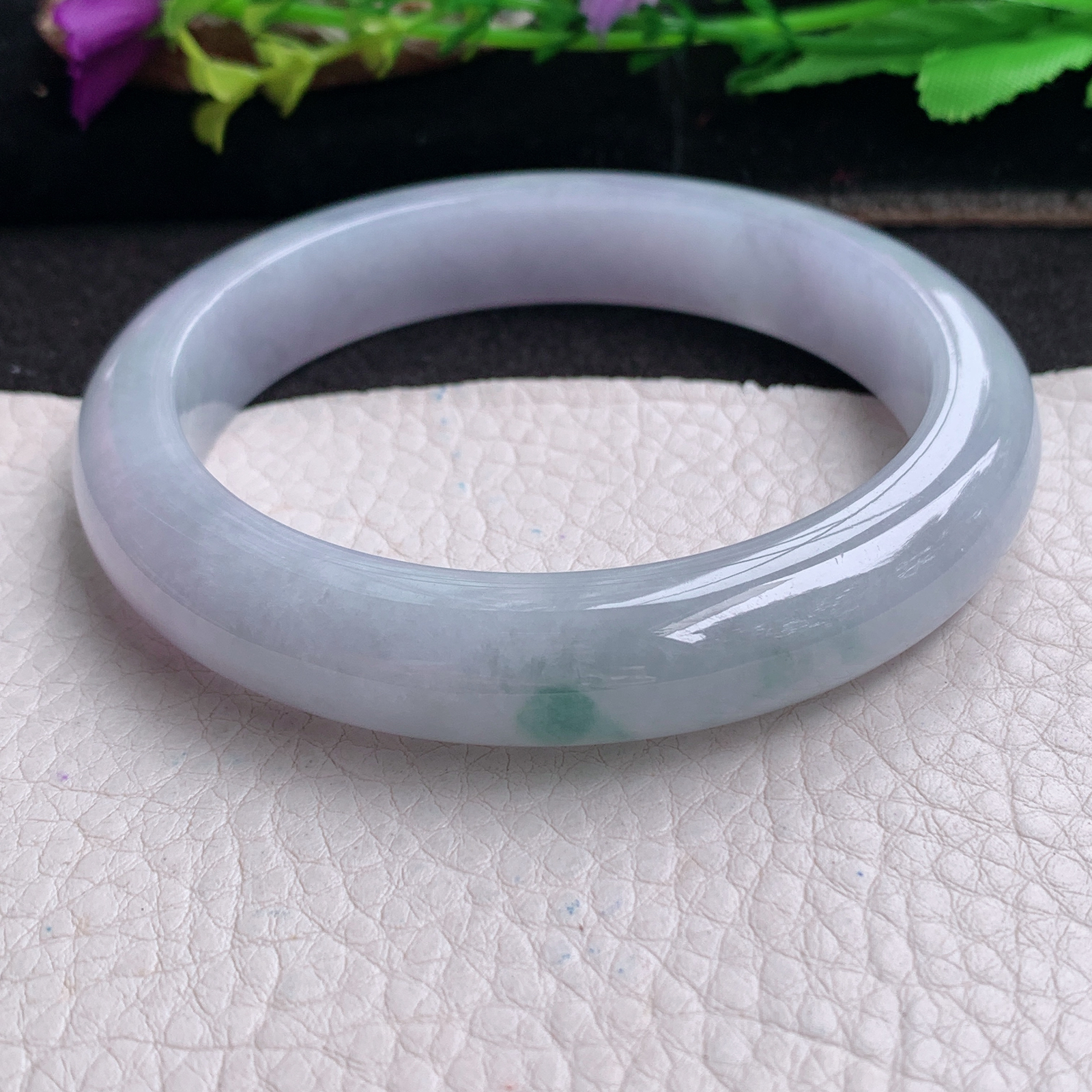 ll大圈口62.5*12.2*9平安镯 天然翡翠a货手镯胶感紫底飘花正圈玉镯子