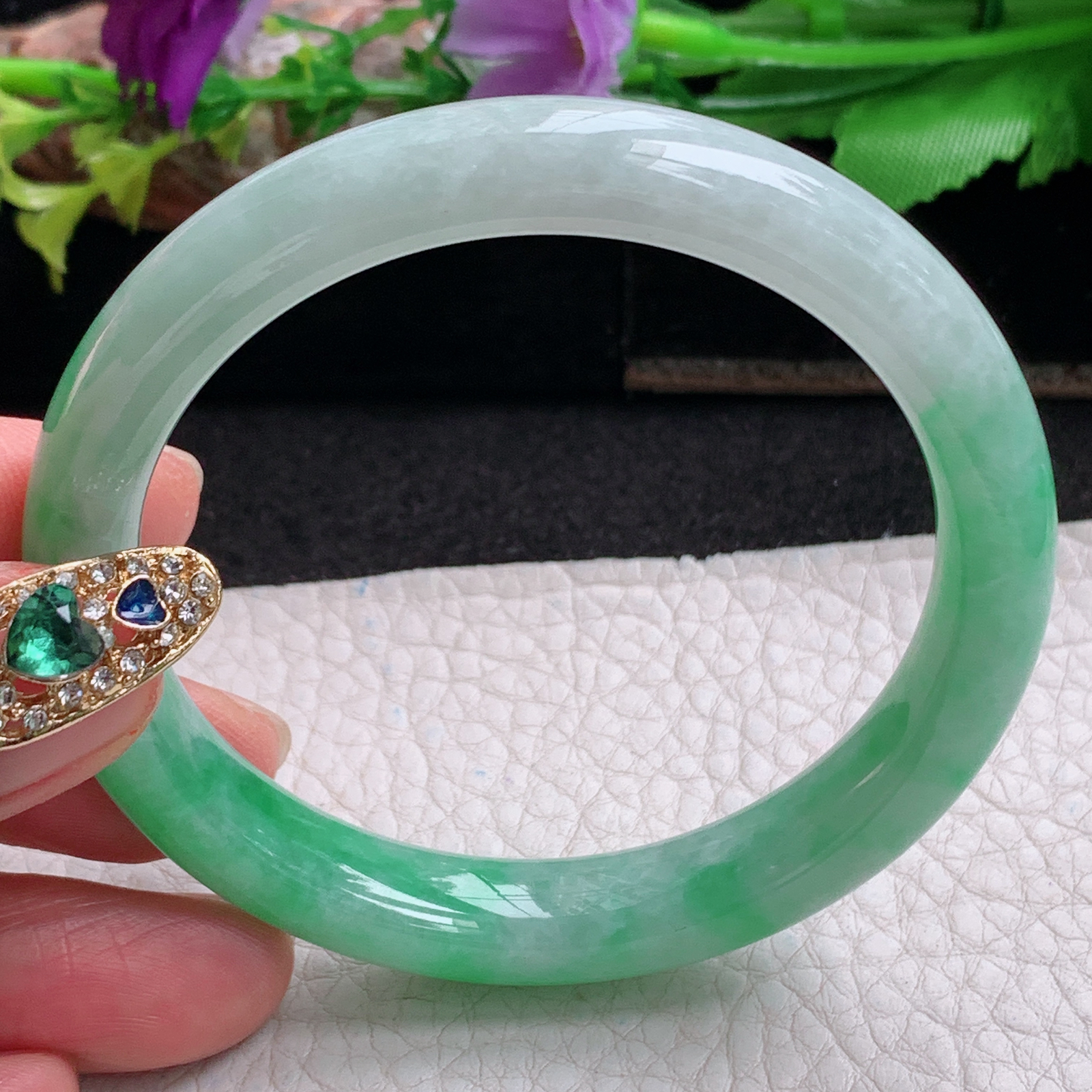 js招财款54*10*7.8平安镯 天然缅甸翡翠a货手镯半山水正圈玉镯子