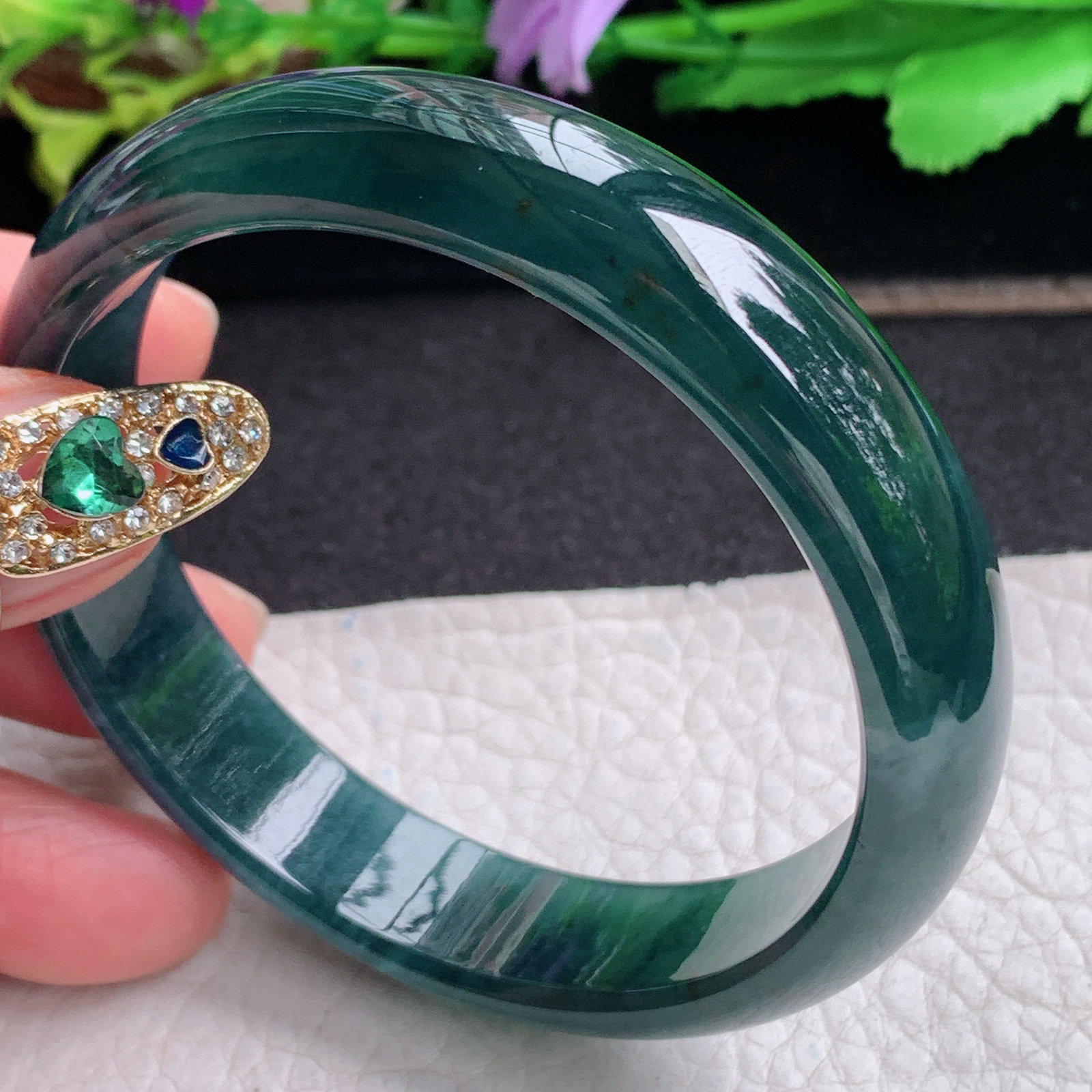 ll实拍57*13*6.8平安镯 天然翡翠a货手镯胶感蓝韵正圈玉镯子