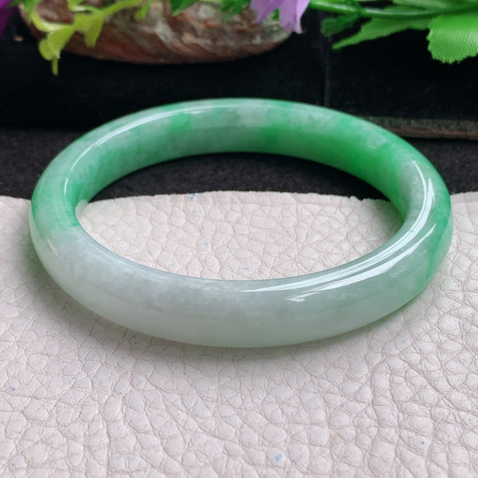 js招财款54*10*7.8平安镯 天然缅甸翡翠a货手镯半山水正圈玉镯子