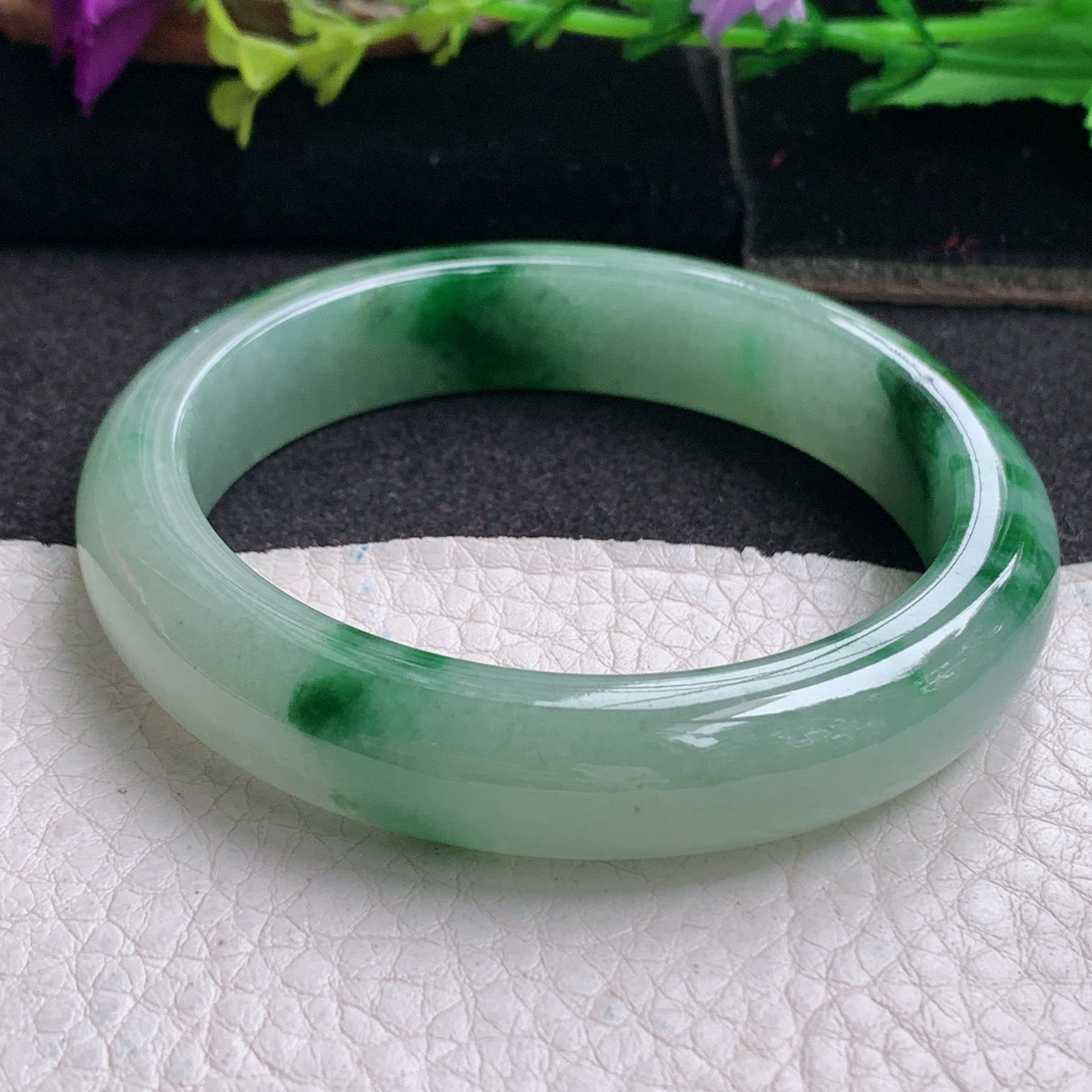 ll实拍53.5*11.8*7.8平安镯 天然缅甸翡翠a货手镯胶感飘花正圈玉镯子