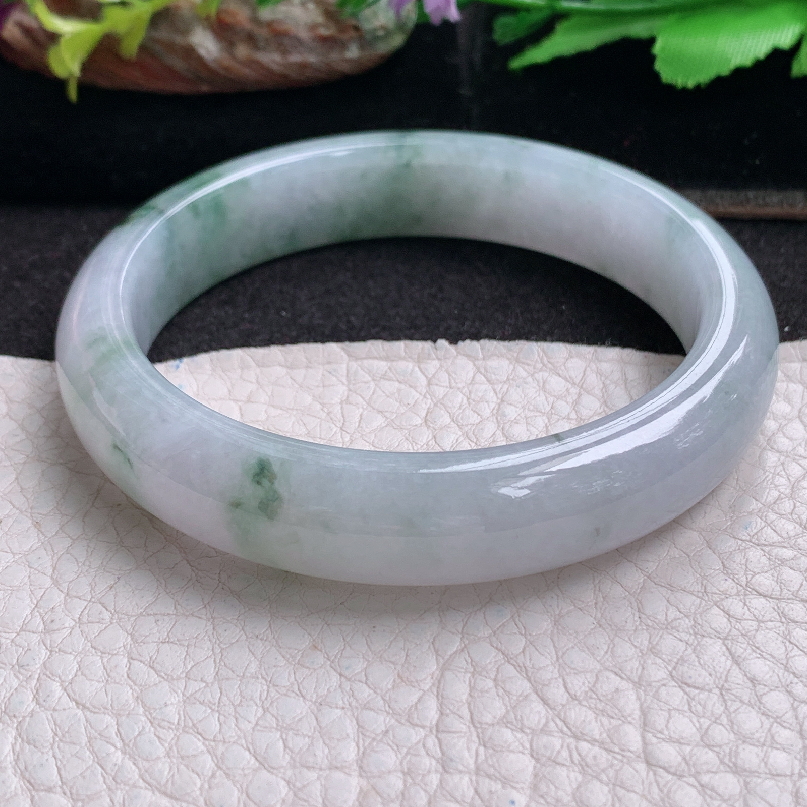 xx飘逸款57.5*12.8*8平安镯 天然缅甸翡翠a货手镯冰飘花正圈玉镯子