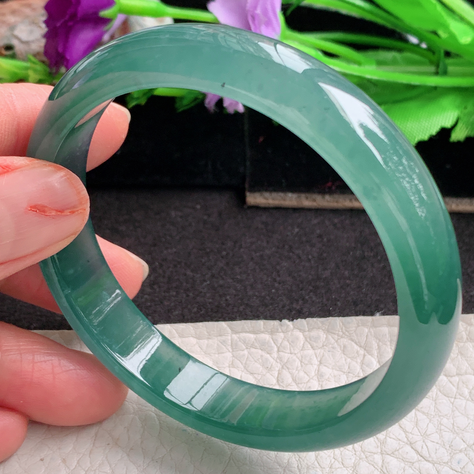 ll实拍58*12*6.8平安镯 天然翡翠a货手镯胶感冰蓝韵正圈玉镯子