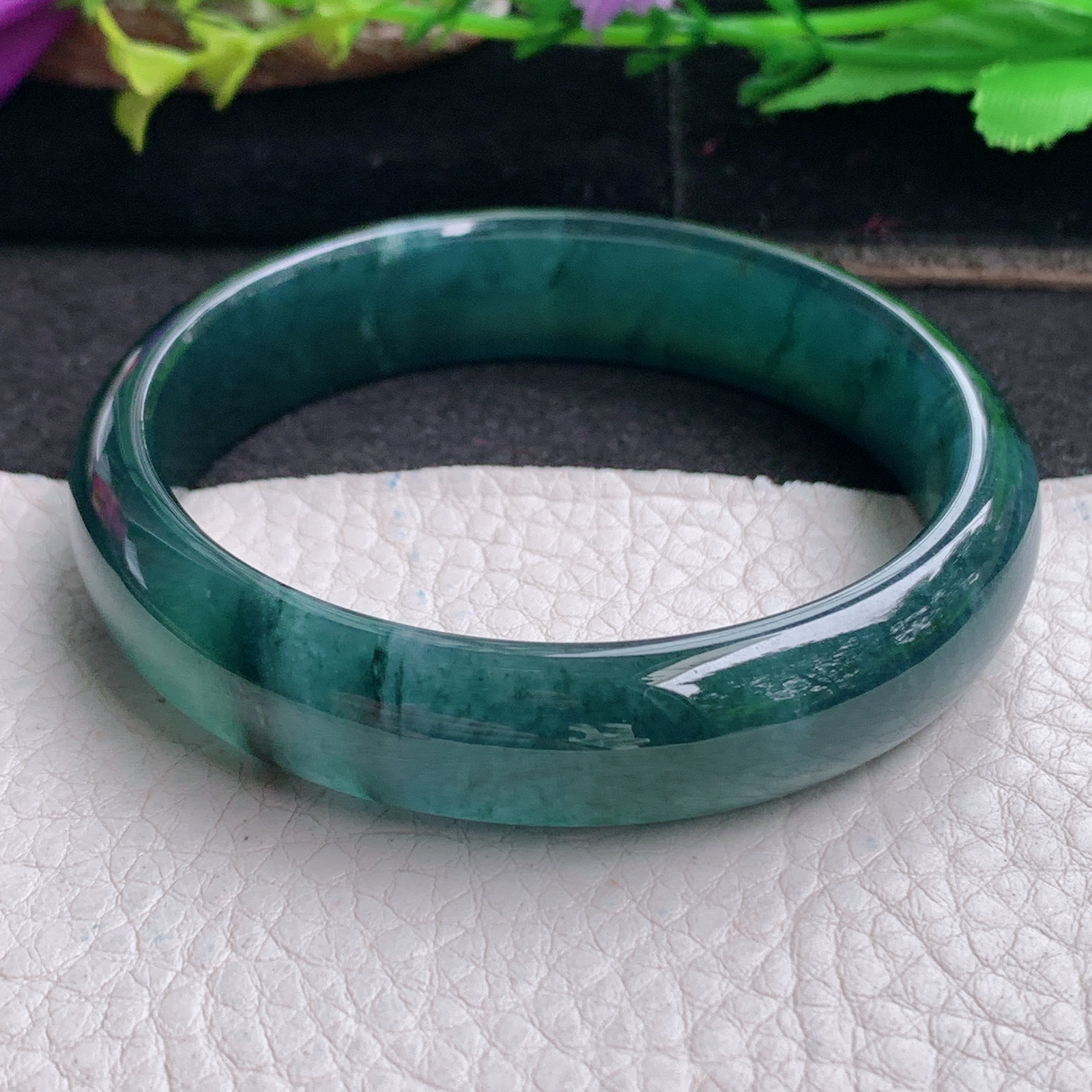 ll实拍57*13*6.8平安镯 天然翡翠a货手镯胶感蓝韵正圈玉镯子