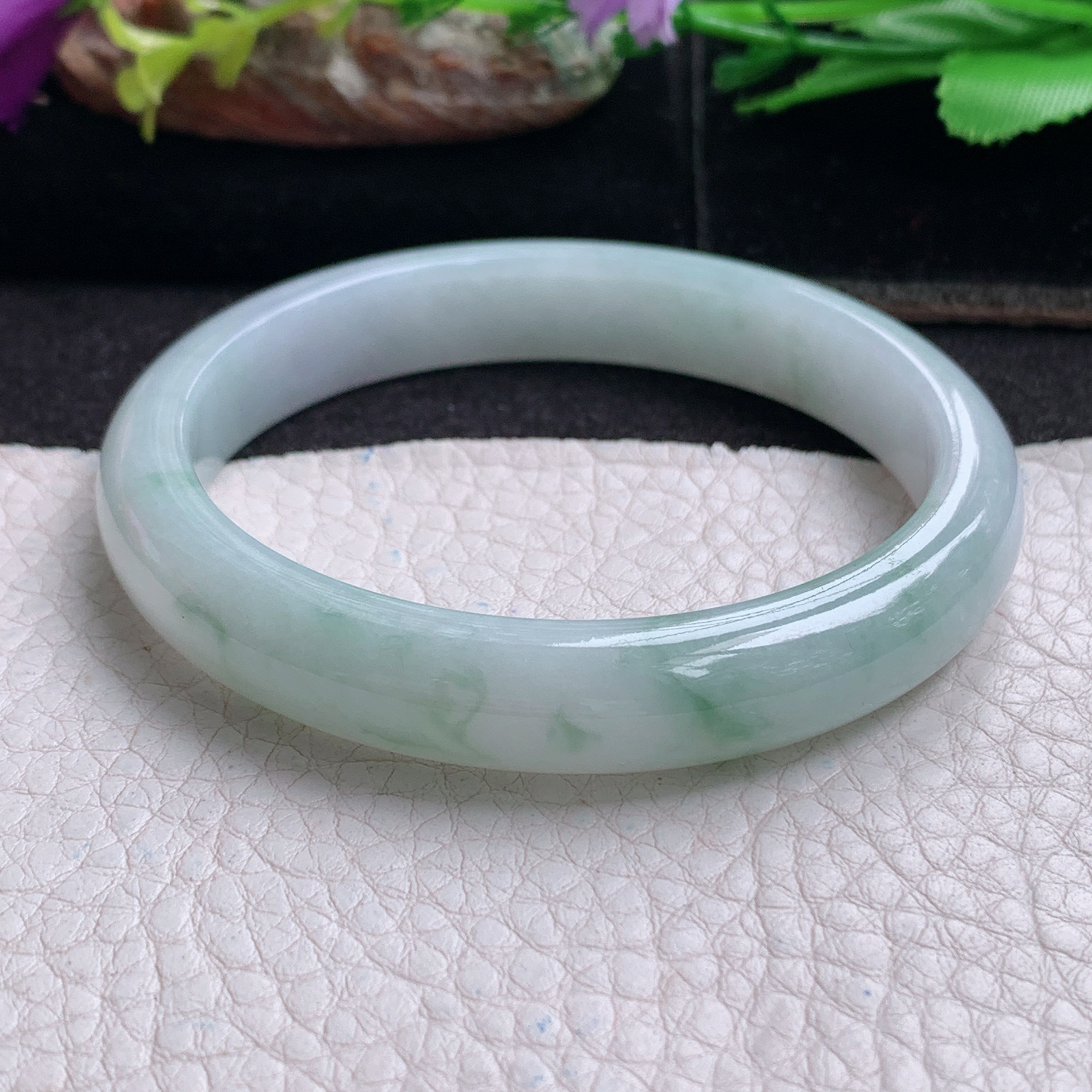 xx实拍56*10*7平安镯 天然缅甸翡翠a货手镯冰飘花正圈玉镯子