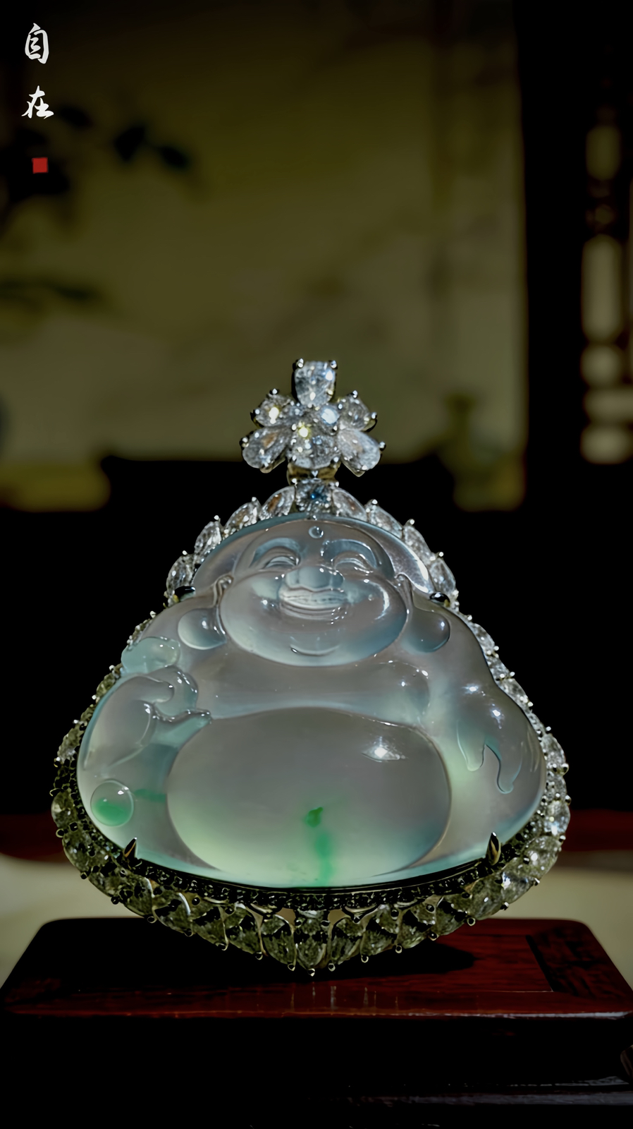 自在弥勒佛，
笑口常开，大肚能容，欢喜如意，
裸石34.5-28.5-6.5mm，
整体39.8-4