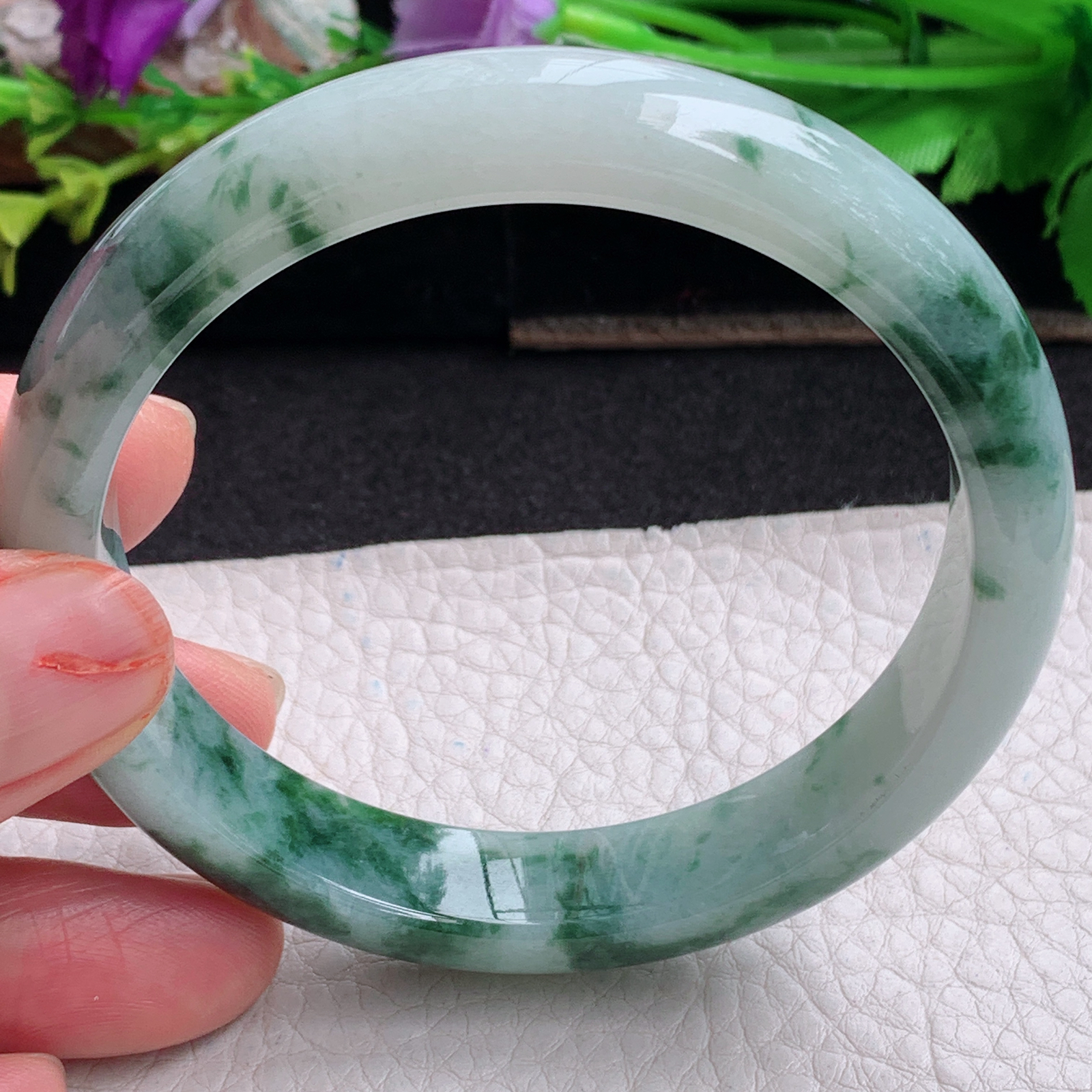 ll实拍59*12*7.5平安镯 天然翡翠a货手镯胶感飘花正圈玉镯子