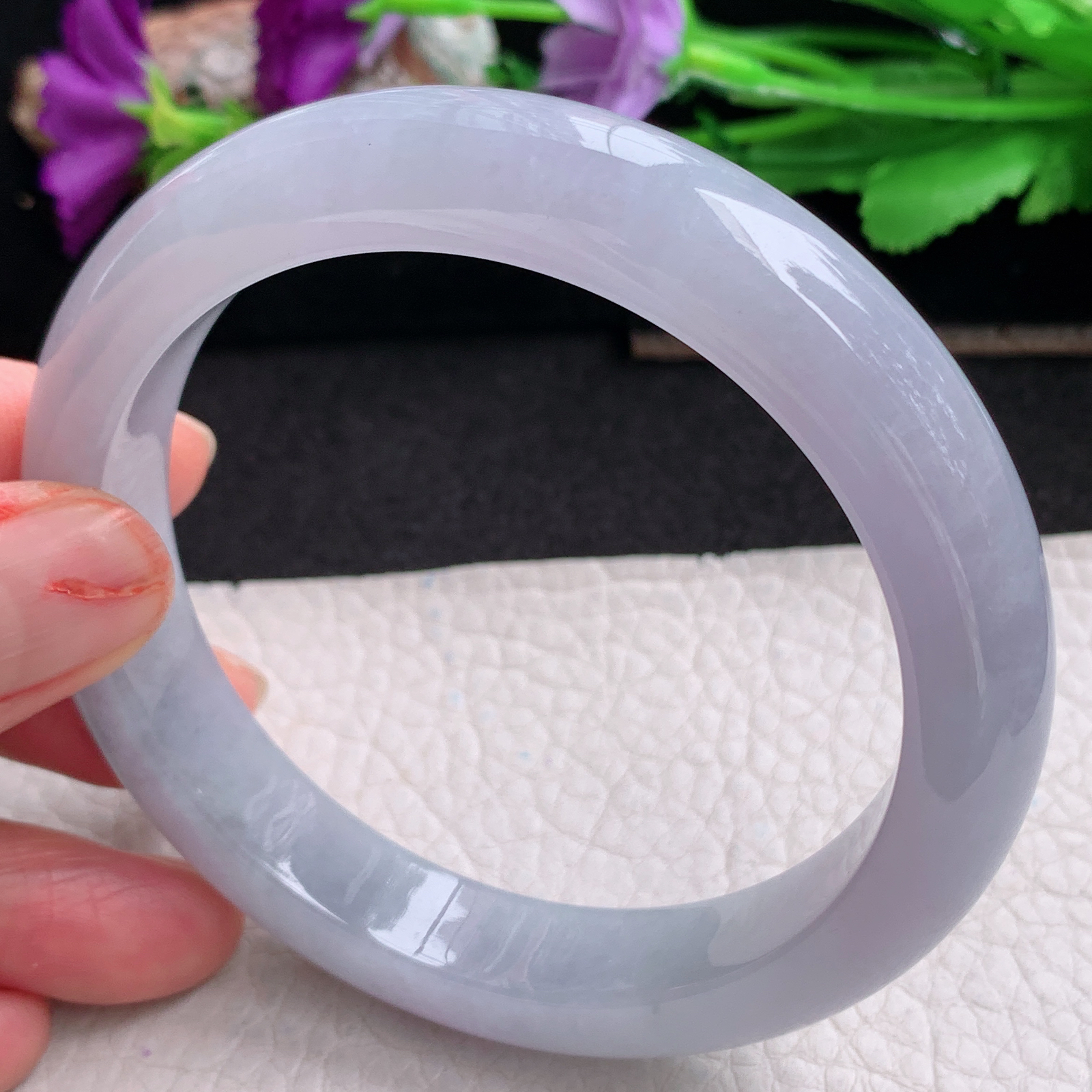 ll大圈口62.5*12.2*9平安镯 天然翡翠a货手镯胶感紫底飘花正圈玉镯子