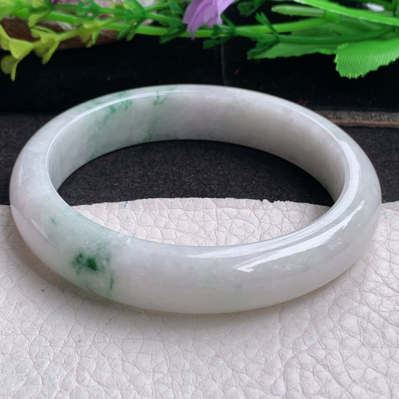 ll实拍58*12.3*7.6平安镯 天然翡翠a货手镯胶感飘花正圈玉镯子