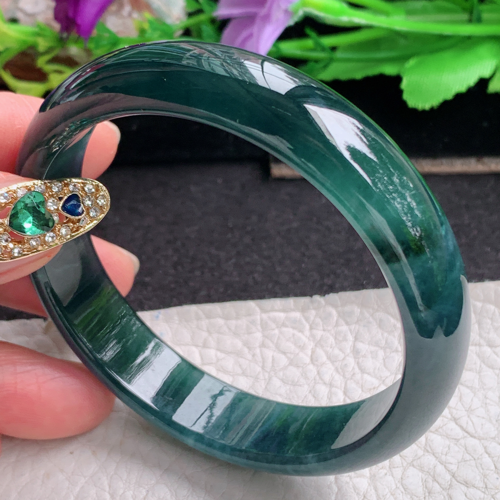 ll实拍57*13*6.8平安镯 天然翡翠a货手镯胶感蓝韵正圈玉镯子