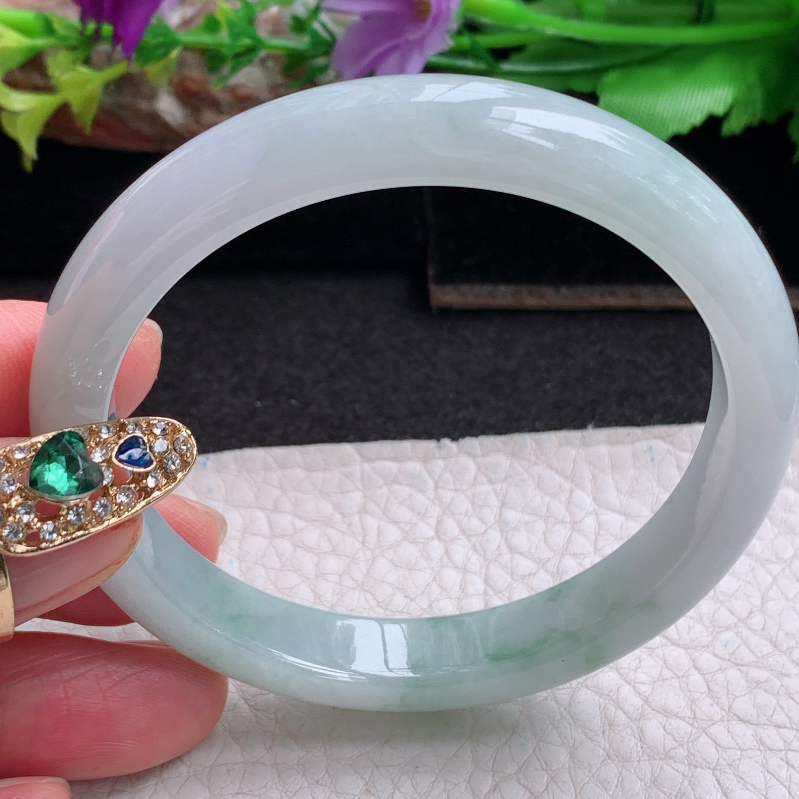 xx实拍56*10*7平安镯 天然缅甸翡翠a货手镯冰飘花正圈玉镯子