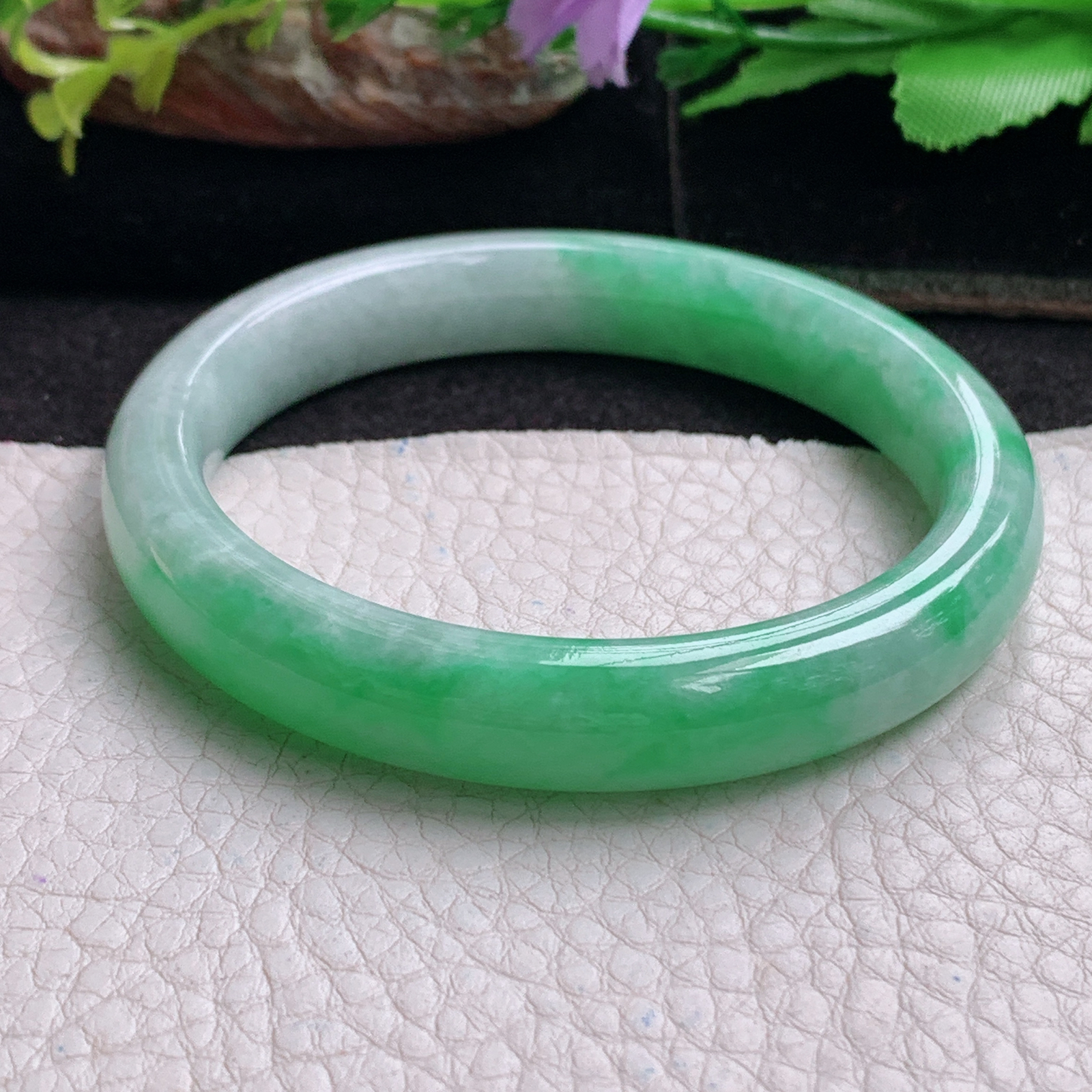 js招财款54*10*7.8平安镯 天然缅甸翡翠a货手镯半山水正圈玉镯子