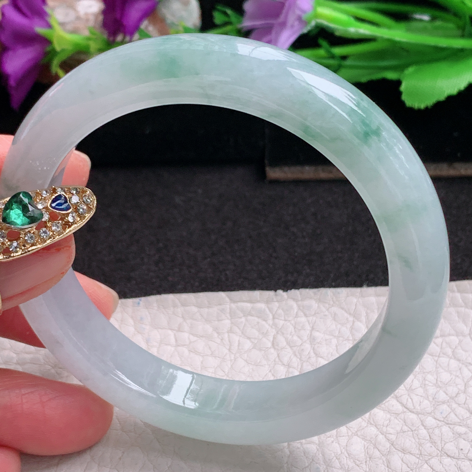 ll实拍57*11.3*8.8平安镯 天然缅甸翡翠a货手镯冰飘花正圈玉镯子