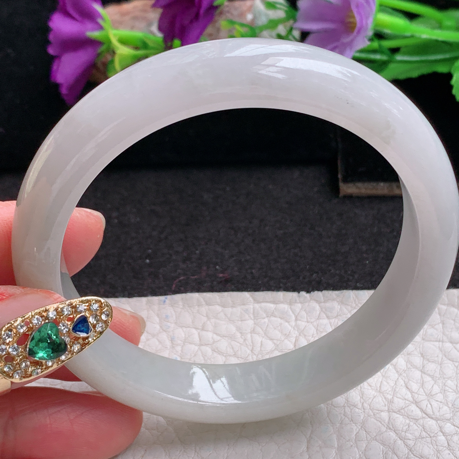 ll实拍58*12*7.8平安镯 天然缅甸翡翠a货手镯淡雅正圈玉镯子