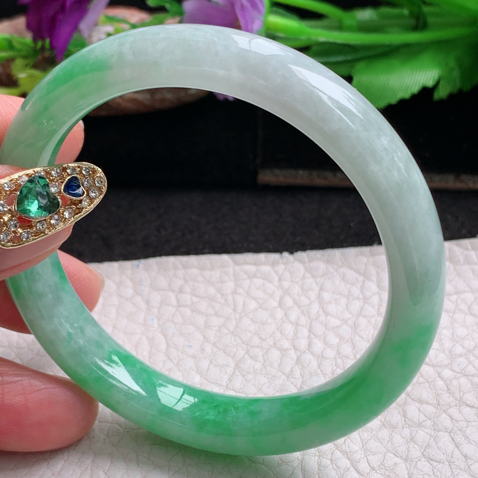 js招财款54*10*7.8平安镯 天然缅甸翡翠a货手镯半山水正圈玉镯子