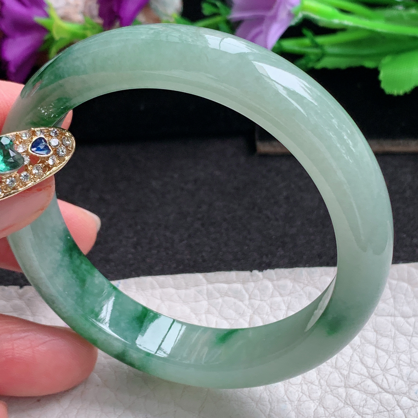 ll实拍53.5*11.8*7.8平安镯 天然缅甸翡翠a货手镯胶感飘花正圈玉镯子