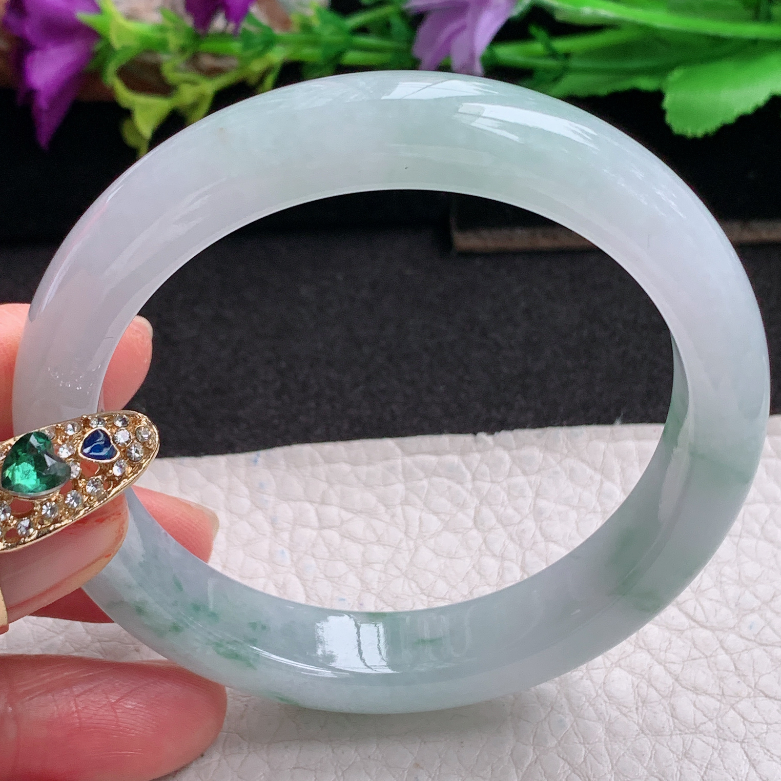 ll实拍57*11.8*8.2平安镯 天然缅甸翡翠a货手镯冰飘花正圈玉镯子