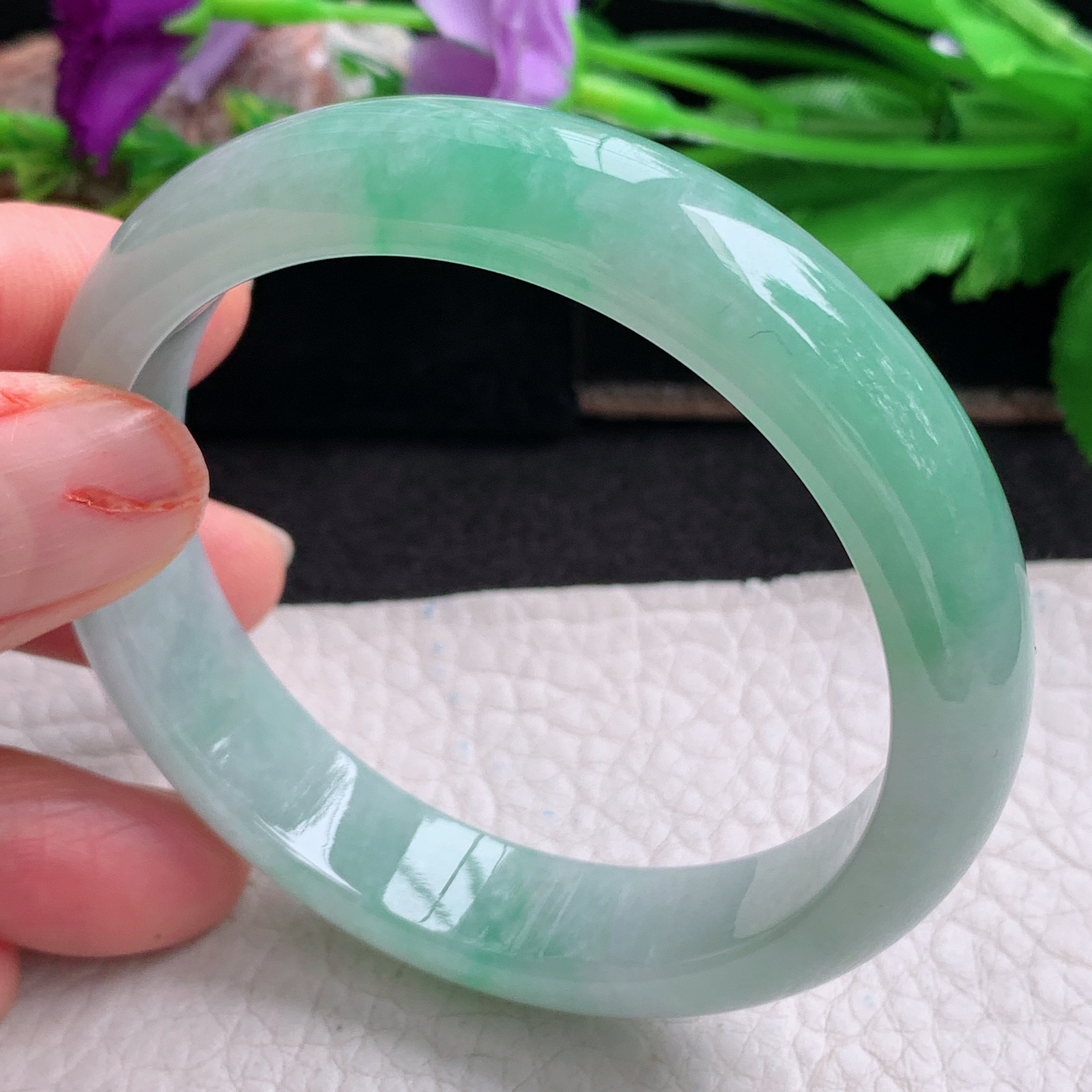 js实拍55*12.3*7.5 平安镯 天然翡翠a货手镯胶感辣鸡飘绿正圈玉镯子