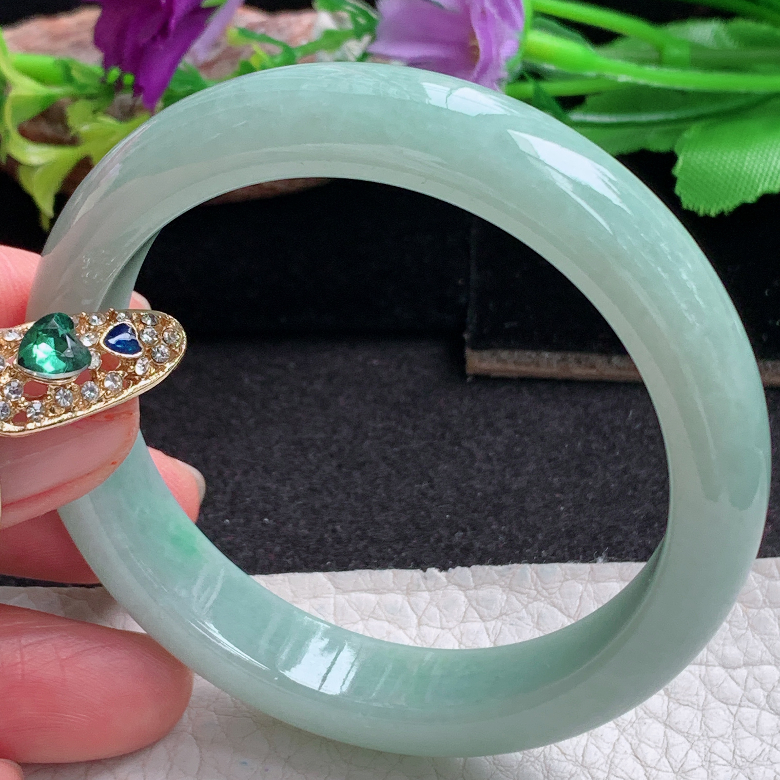 xx实拍53.5*11.3*7.3平安镯 天然缅甸翡翠a货手镯飘绿秀气正圈玉镯子