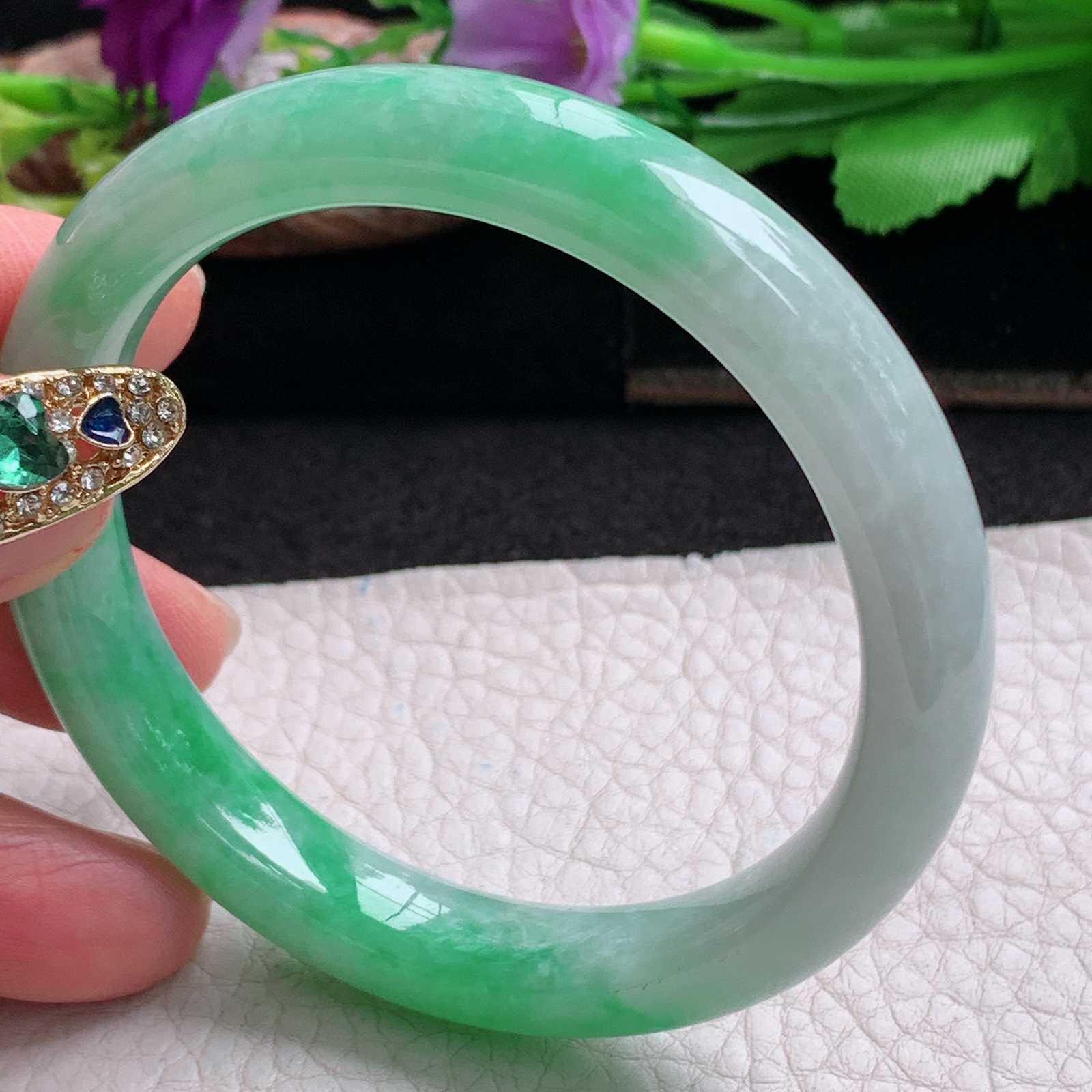 js招财款54*10*7.8平安镯 天然缅甸翡翠a货手镯半山水正圈玉镯子