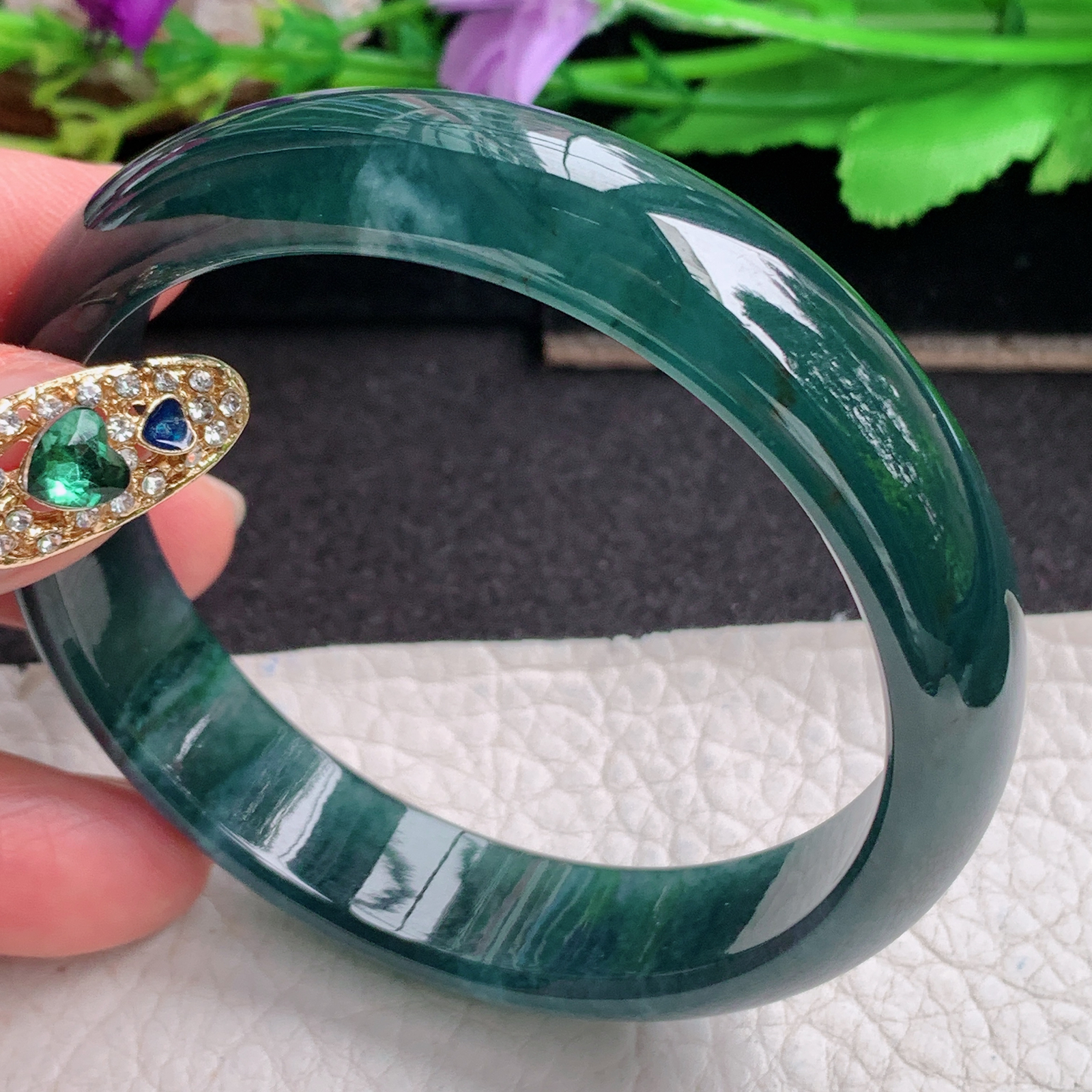 ll实拍57*13*6.8平安镯 天然翡翠a货手镯胶感蓝韵正圈玉镯子