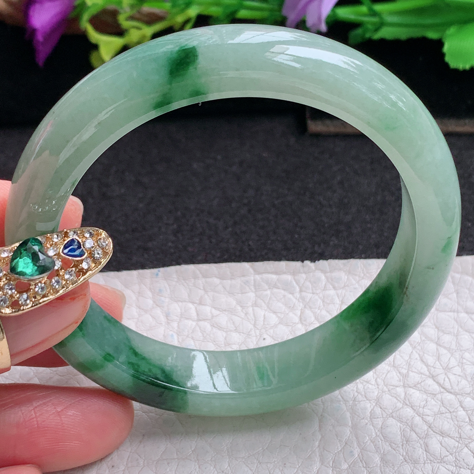 ll实拍53.5*11.8*7.8平安镯 天然缅甸翡翠a货手镯胶感飘花正圈玉镯子