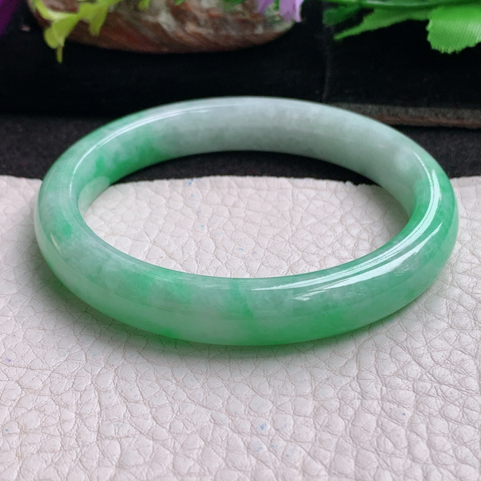 js招财款54*10*7.8平安镯 天然缅甸翡翠a货手镯半山水正圈玉镯子
