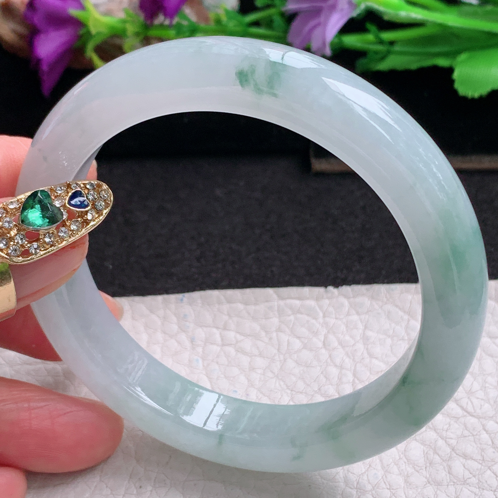 ll实拍57*11.3*8.8平安镯 天然缅甸翡翠a货手镯冰飘花正圈玉镯子