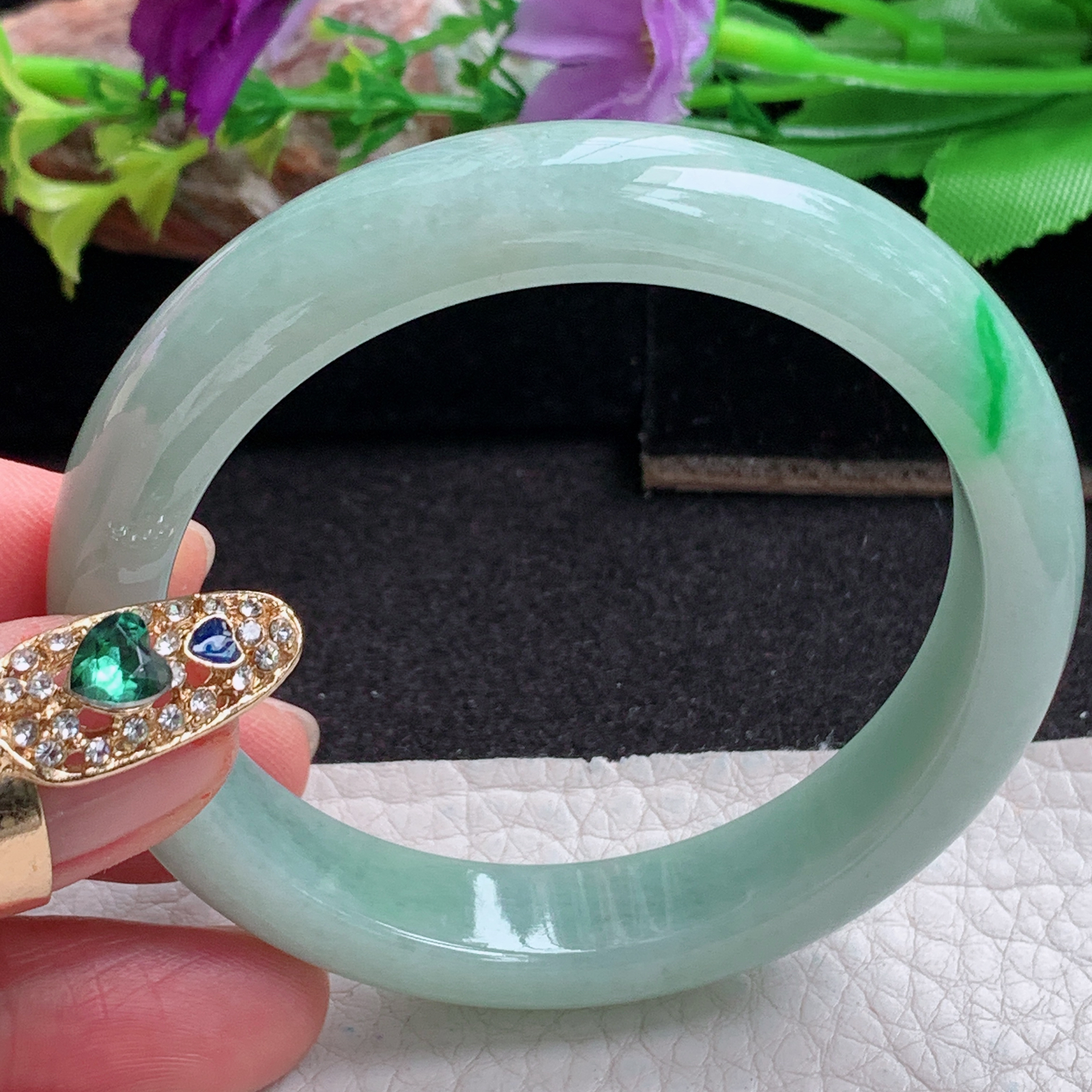 xx实拍53.5*11.3*7.3平安镯 天然缅甸翡翠a货手镯飘绿秀气正圈玉镯子