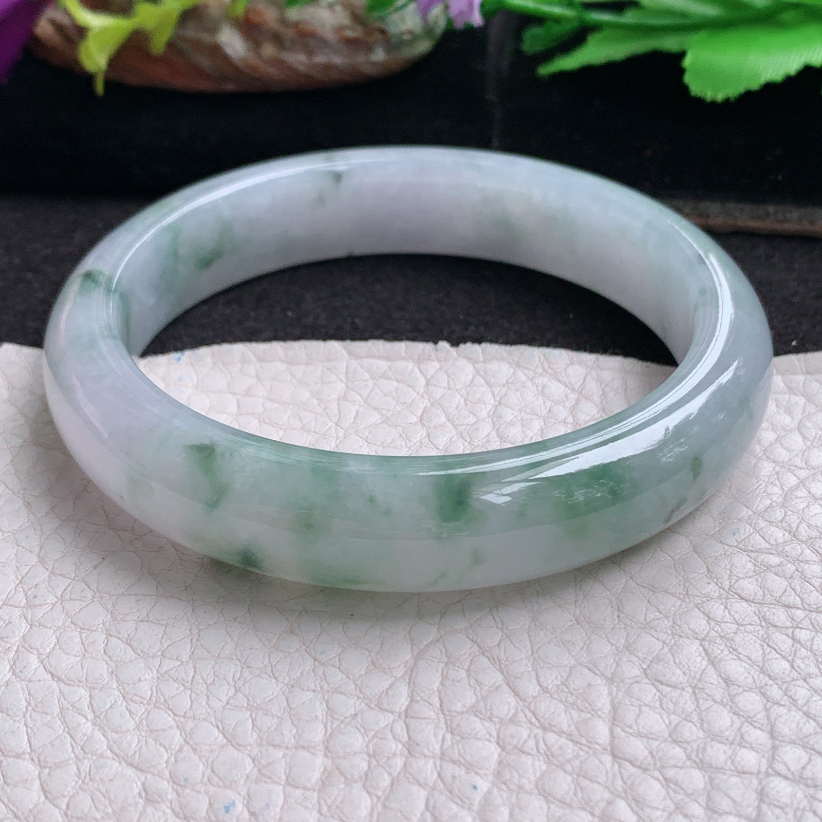 xx飘逸款57.5*12.8*8平安镯 天然缅甸翡翠a货手镯冰飘花正圈玉镯子