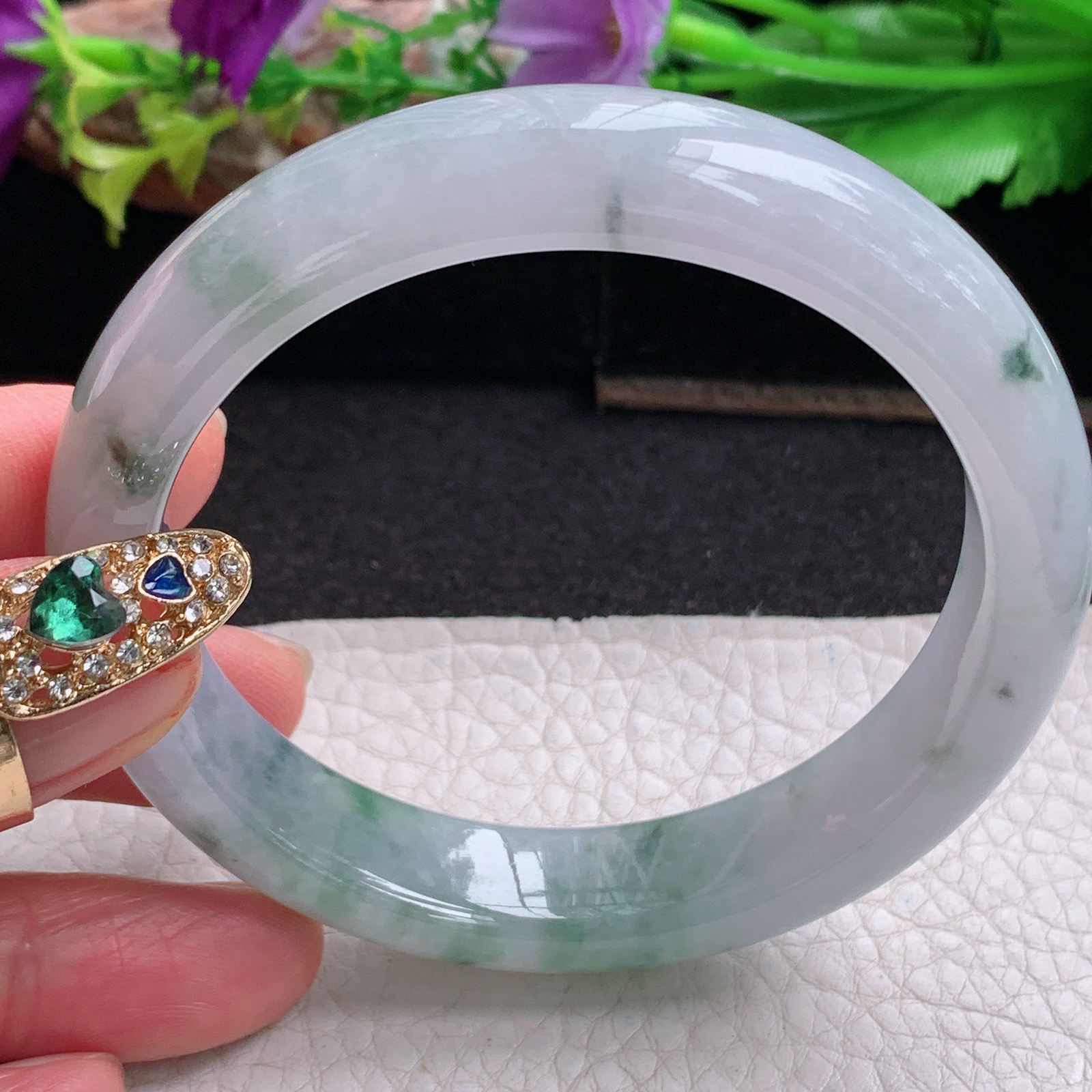 xx飘逸款57.5*12.8*8平安镯 天然缅甸翡翠a货手镯冰飘花正圈玉镯子