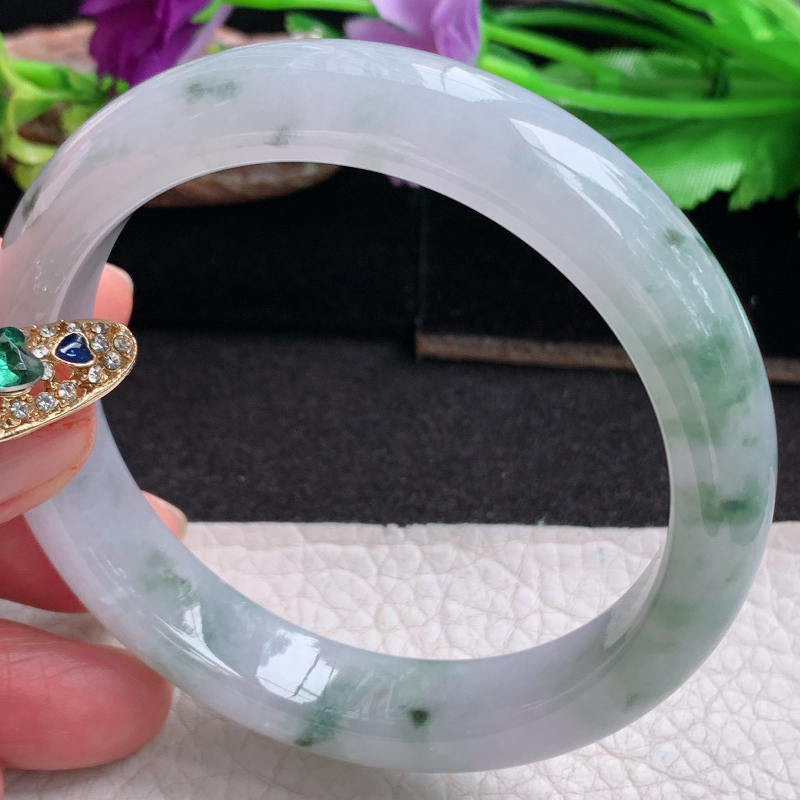 xx飘逸款57.5*12.8*8平安镯 天然缅甸翡翠a货手镯冰飘花正圈玉镯子