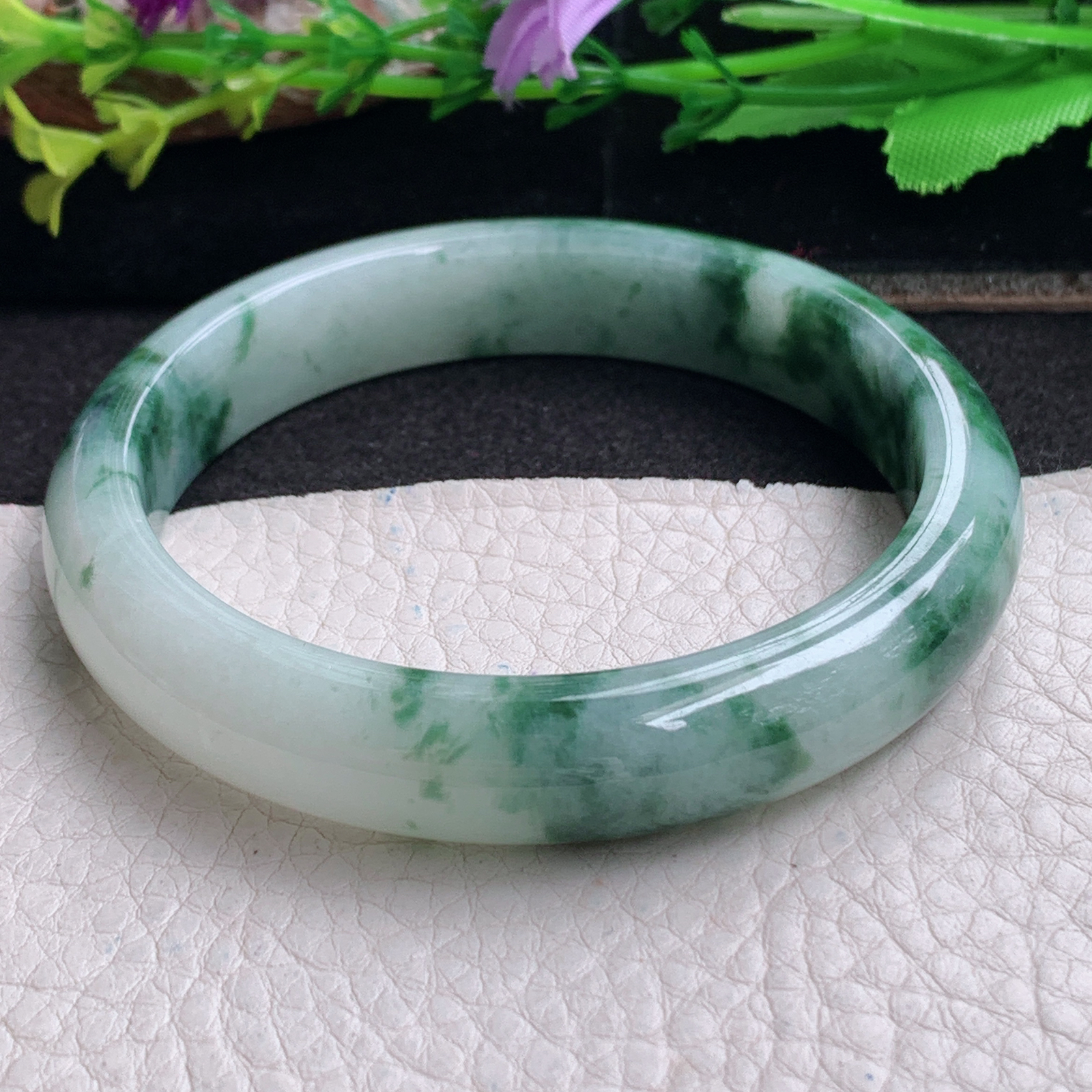 ll实拍59*12*7.5平安镯 天然翡翠a货手镯胶感飘花正圈玉镯子