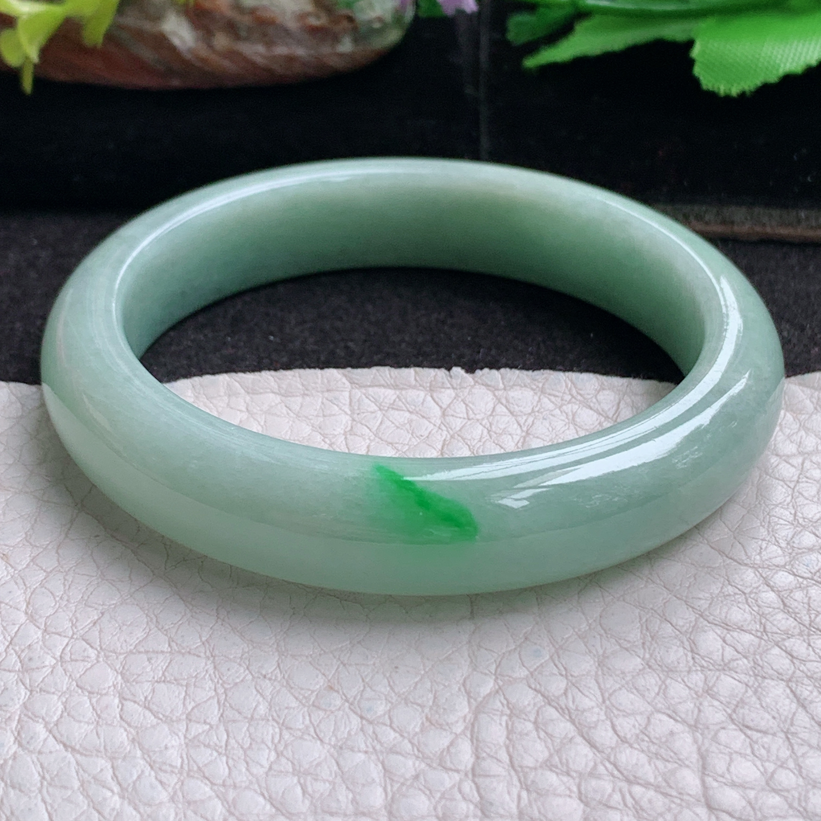 xx实拍53.5*11.3*7.3平安镯 天然缅甸翡翠a货手镯飘绿秀气正圈玉镯子
