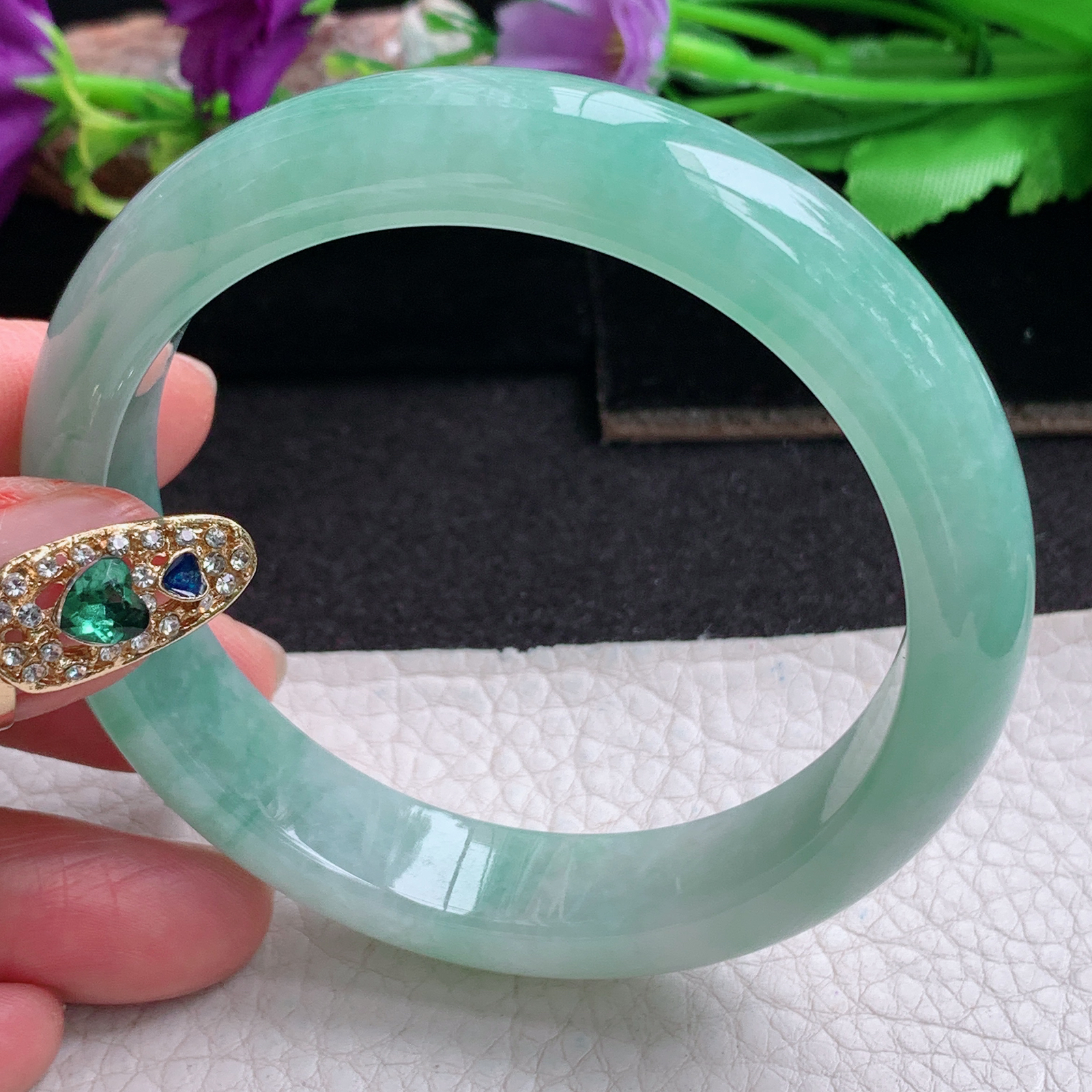 ee清新款57.5*12.7*8平安镯 天然缅甸翡翠a货手镯冰绿正圈玉镯子